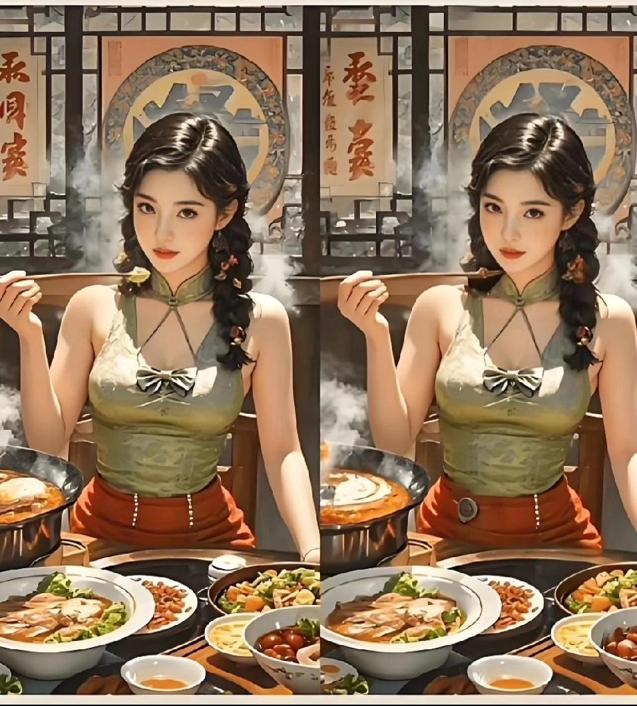 2两张美女吃火锅图藏10处不同，我找了3分钟没找全，评论区有人1分钟搞定？