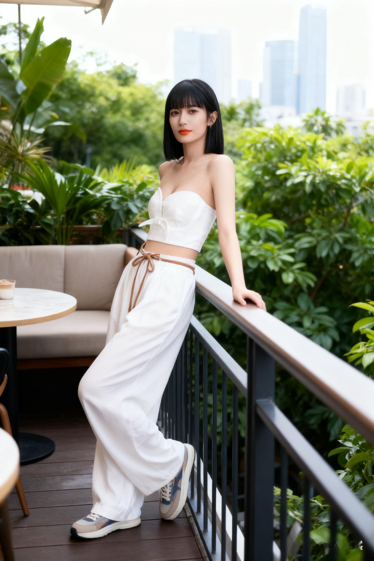 都市绿洲中的时尚少女，享受悠闲时光。