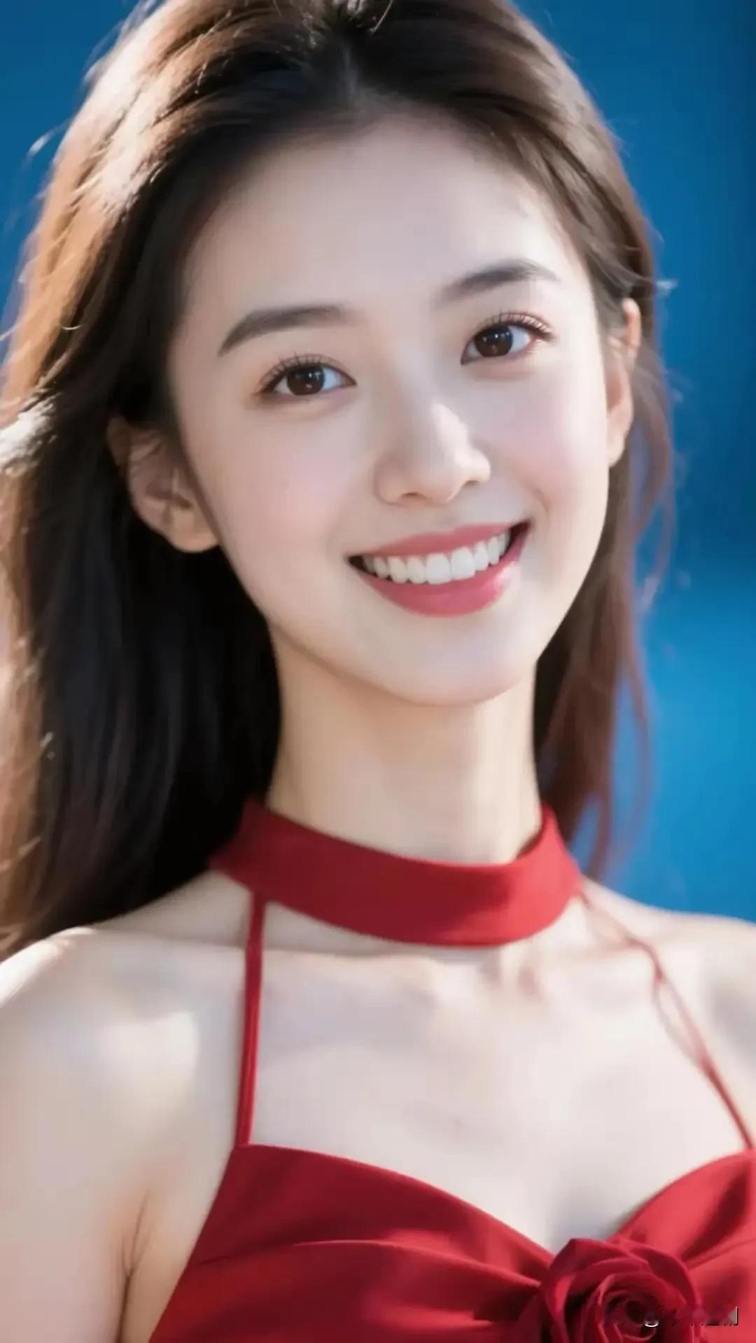 红裙颈带裹着明艳，裙摆玫瑰衬着笑靥，蓝天作底的明媚里，每缕发丝都浸着鲜活的甜。