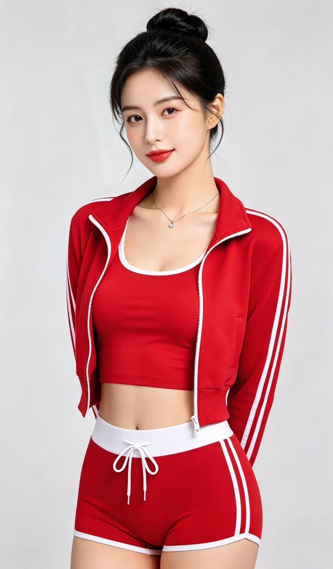 丸子头挽起清爽，红色跳动光。白边勾勒线条，笑意轻轻藏。手在背后交