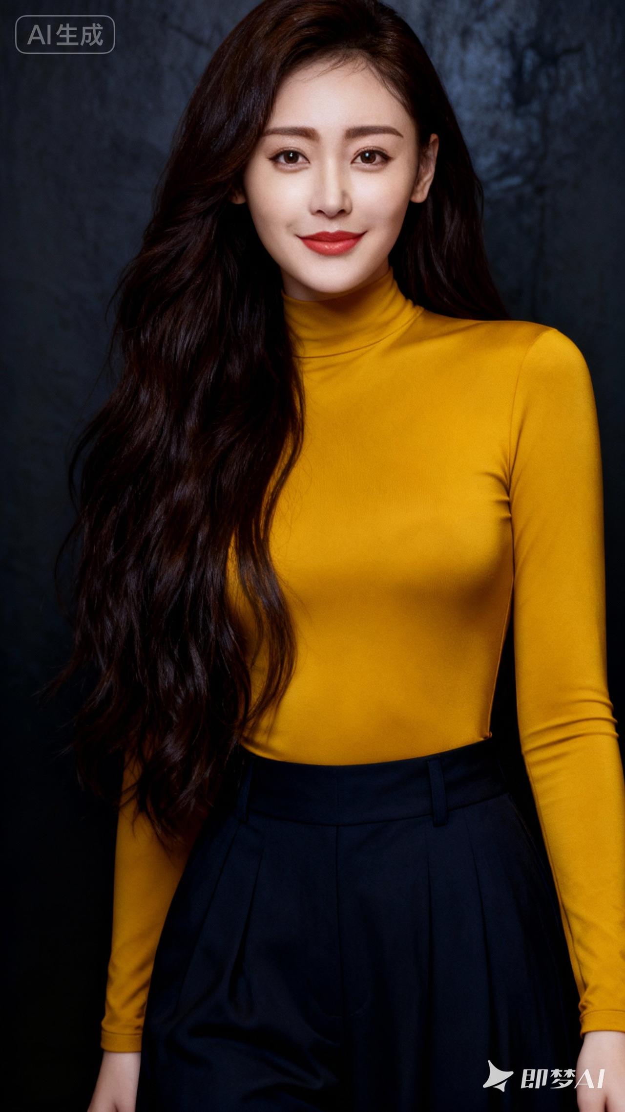 优雅气质，黄色高领衫搭配黑色长裙，尽显时尚魅力！