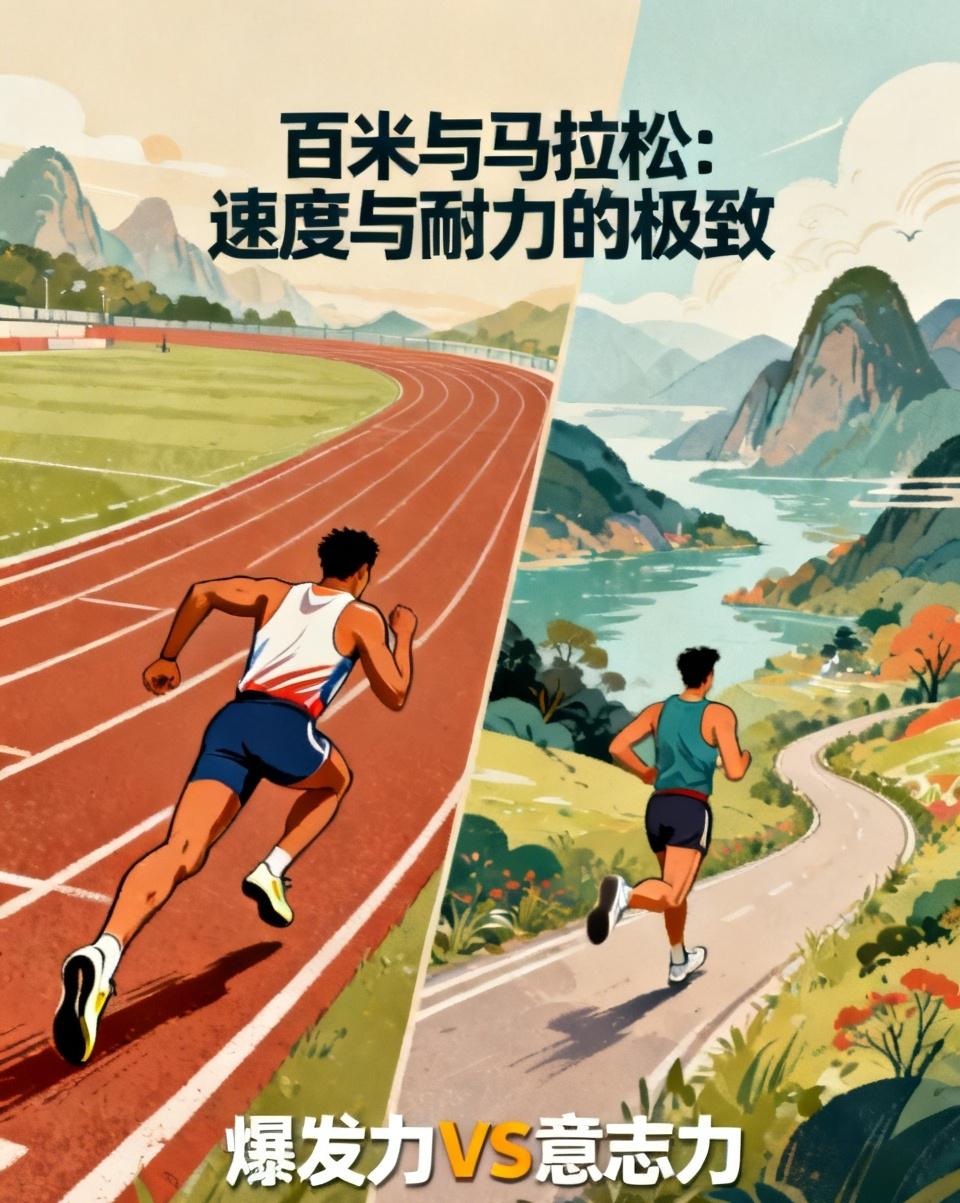 马拉松是耐力的极限，漫长征途、咬牙坚持，代表长久的毅力与热爱。百米出圈快，
