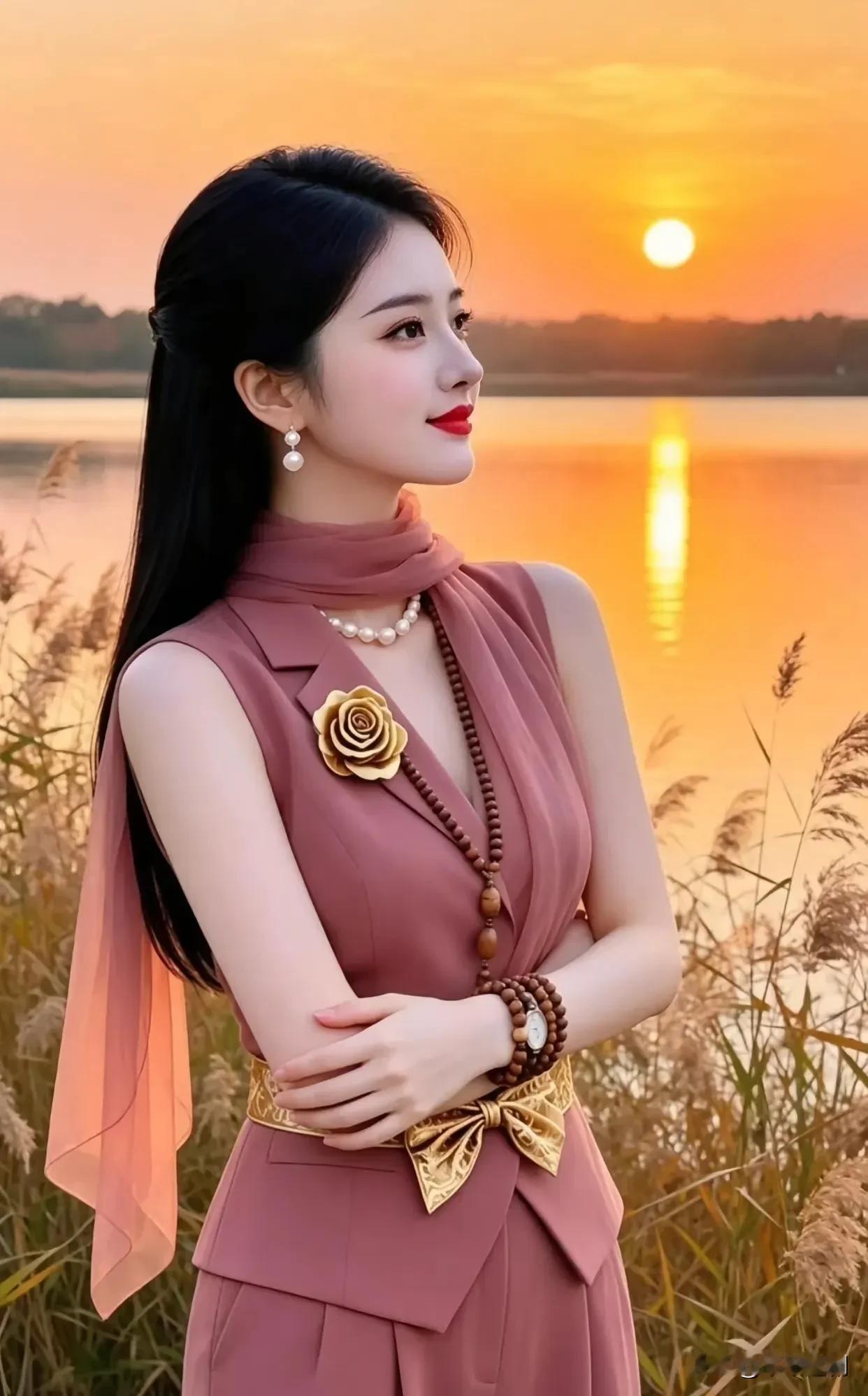落日熔金，湖光向晚，在黄昏里，与自己温柔相遇。靓丽美照湖边落日美人