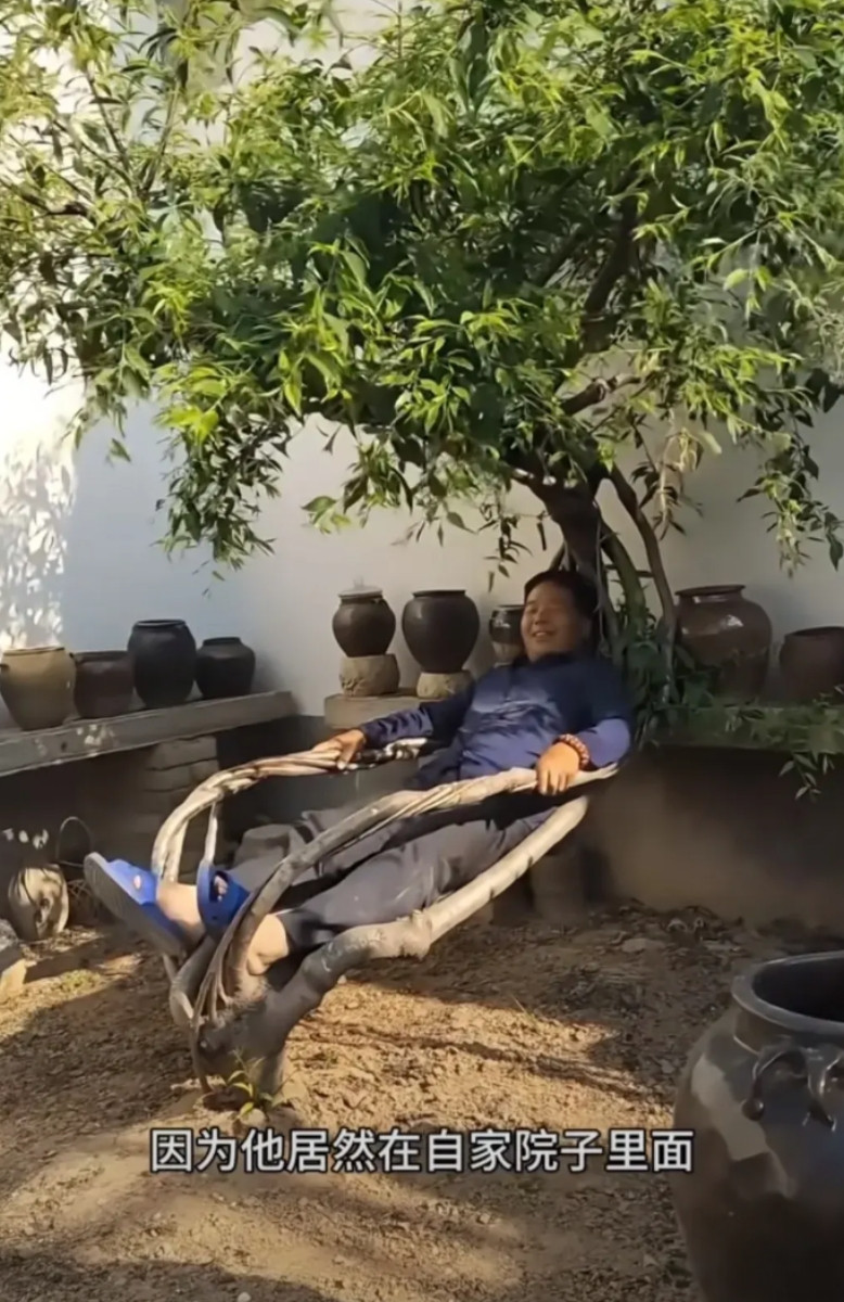 这个大爷真有才，他在自家院子里种了一颗能当躺椅的树。边睡边摘果子吃，真是太惬意了