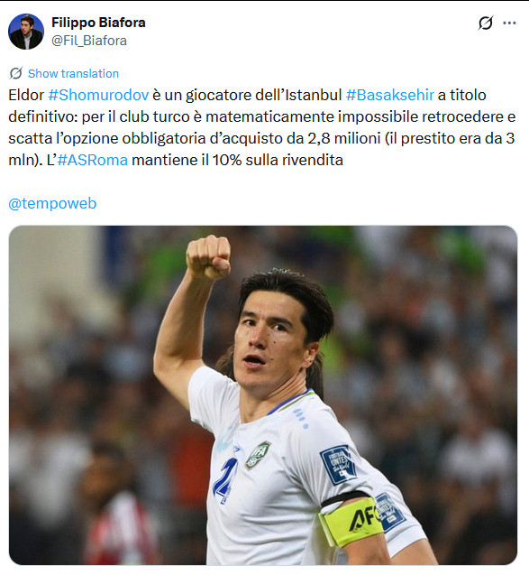 肖穆罗多夫的280万欧元买断条款已自动激活（租借费300万），永久加盟伊斯坦布尔