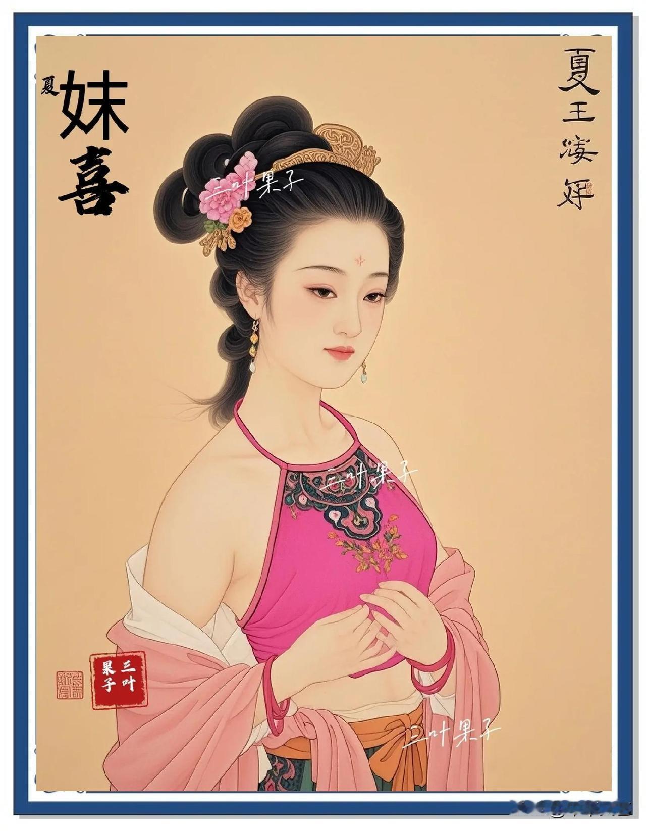 妺喜，夏桀王后，传说中第一位红颜祸水。“只有美色，没有德行”！