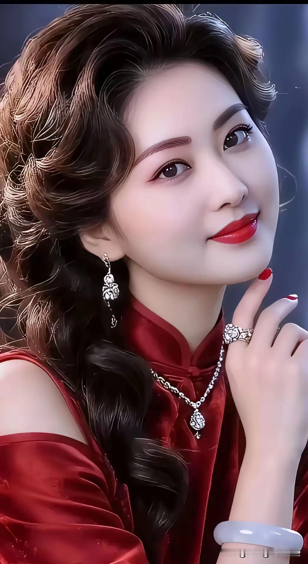 过年之际，佳人悉心妆扮。蓬松卷发轻柔地垂落在胸前，眉如远黛，唇若樱桃，薄施粉黛更