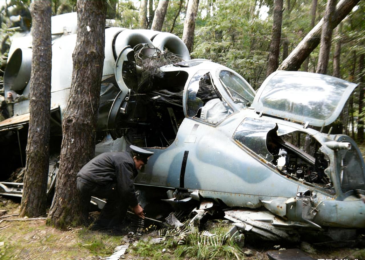 米24武装直升机失控砸在树林中，照片中驾驶舱看起来完好，乘员应该无事。