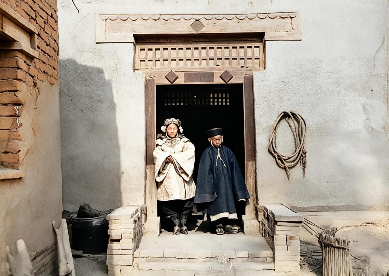这是百年前，一对新婚小夫妻立于自家门前。新郎仅十岁，还是稚气未脱的孩童，而身旁的