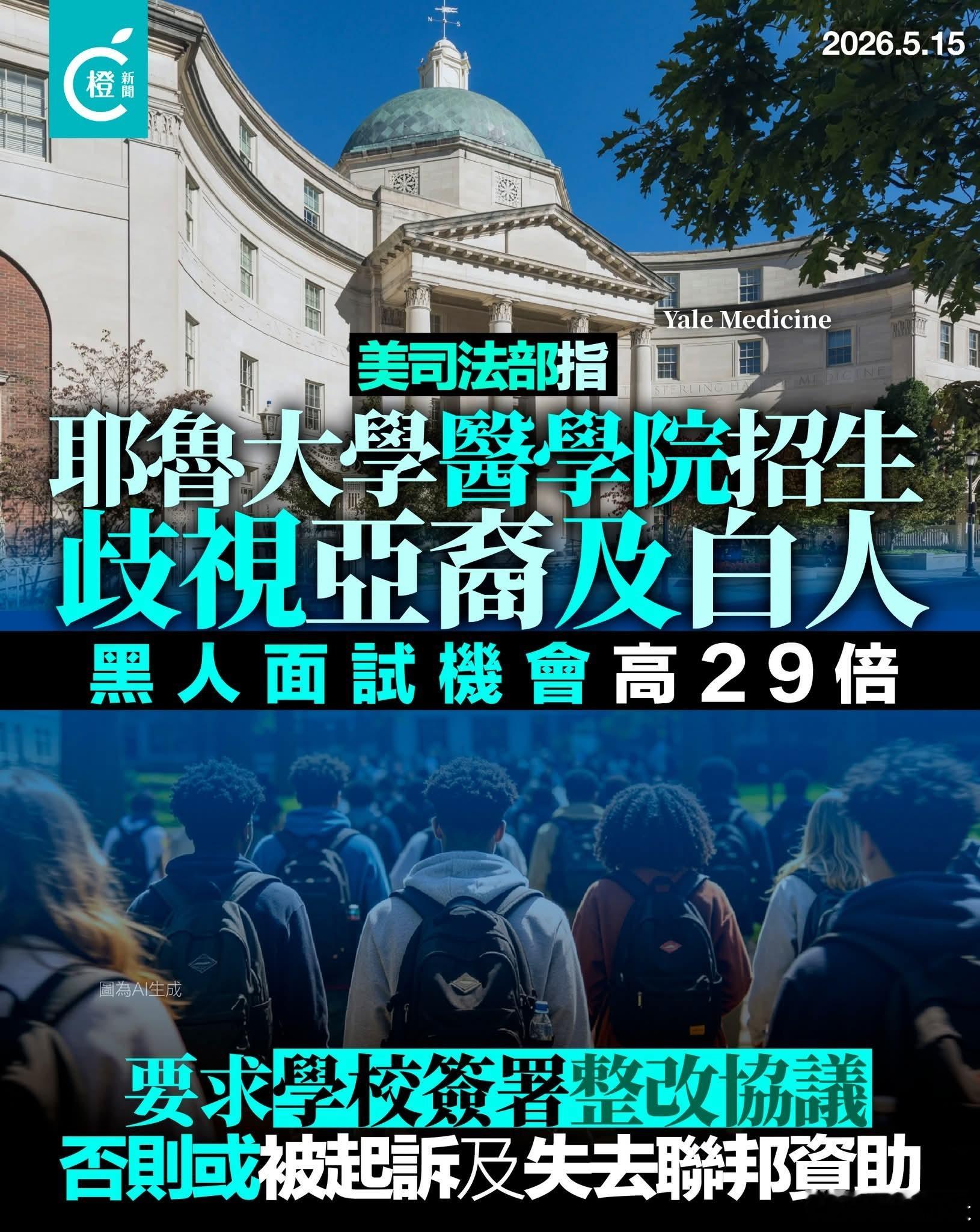 美司法部指耶鲁大学医学院招生歧视亚裔及白人，黑人获面试机会高29倍美国司法部昨日