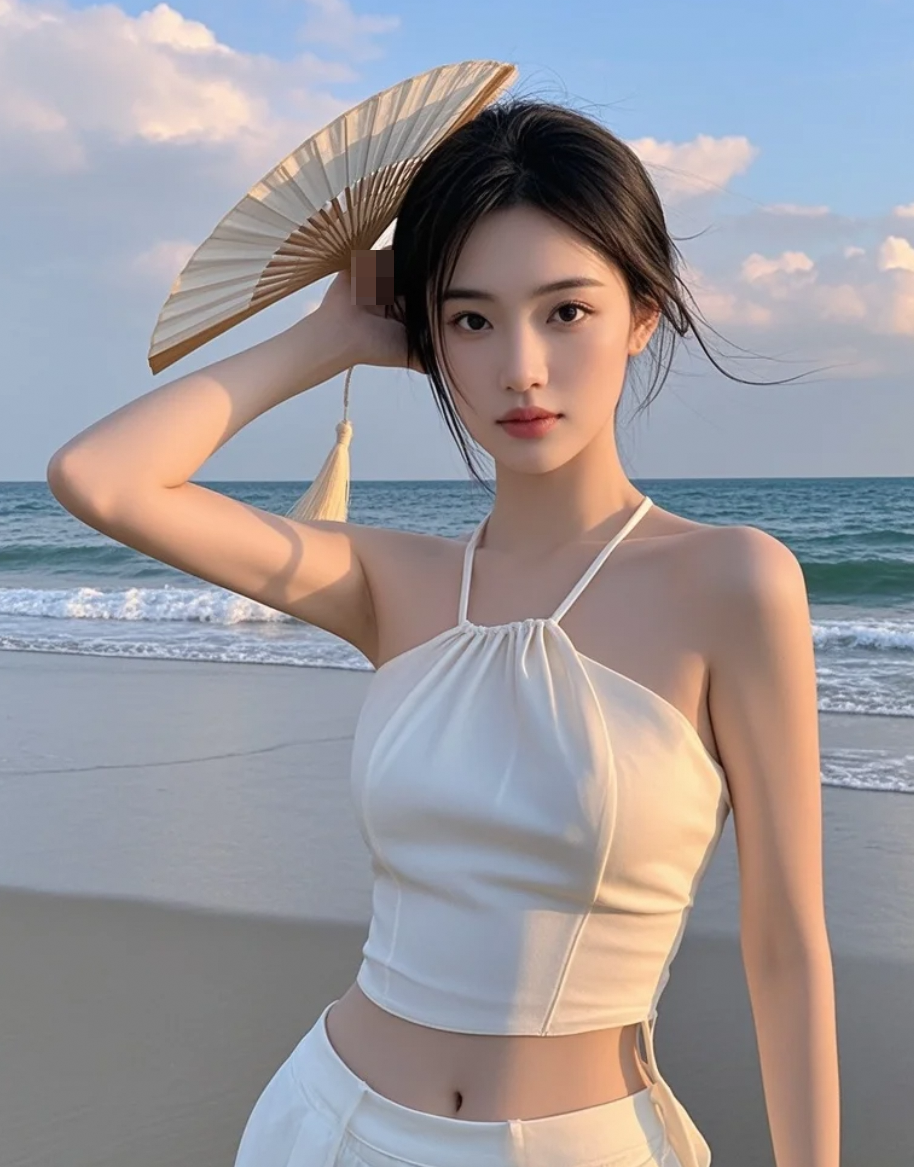 她站在海边执扇一笑，连风都跟着温柔