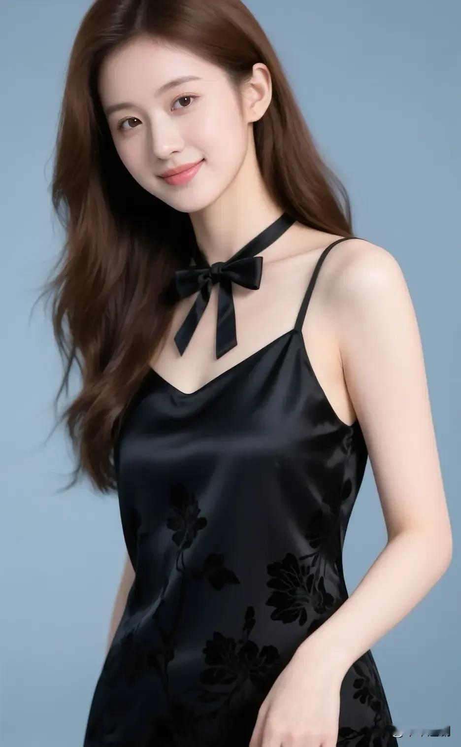 墨缎裹着柔，颈间蝴蝶结系住轻俏。她眸里的温软，是冷调背景里最甜的光。温柔风美人