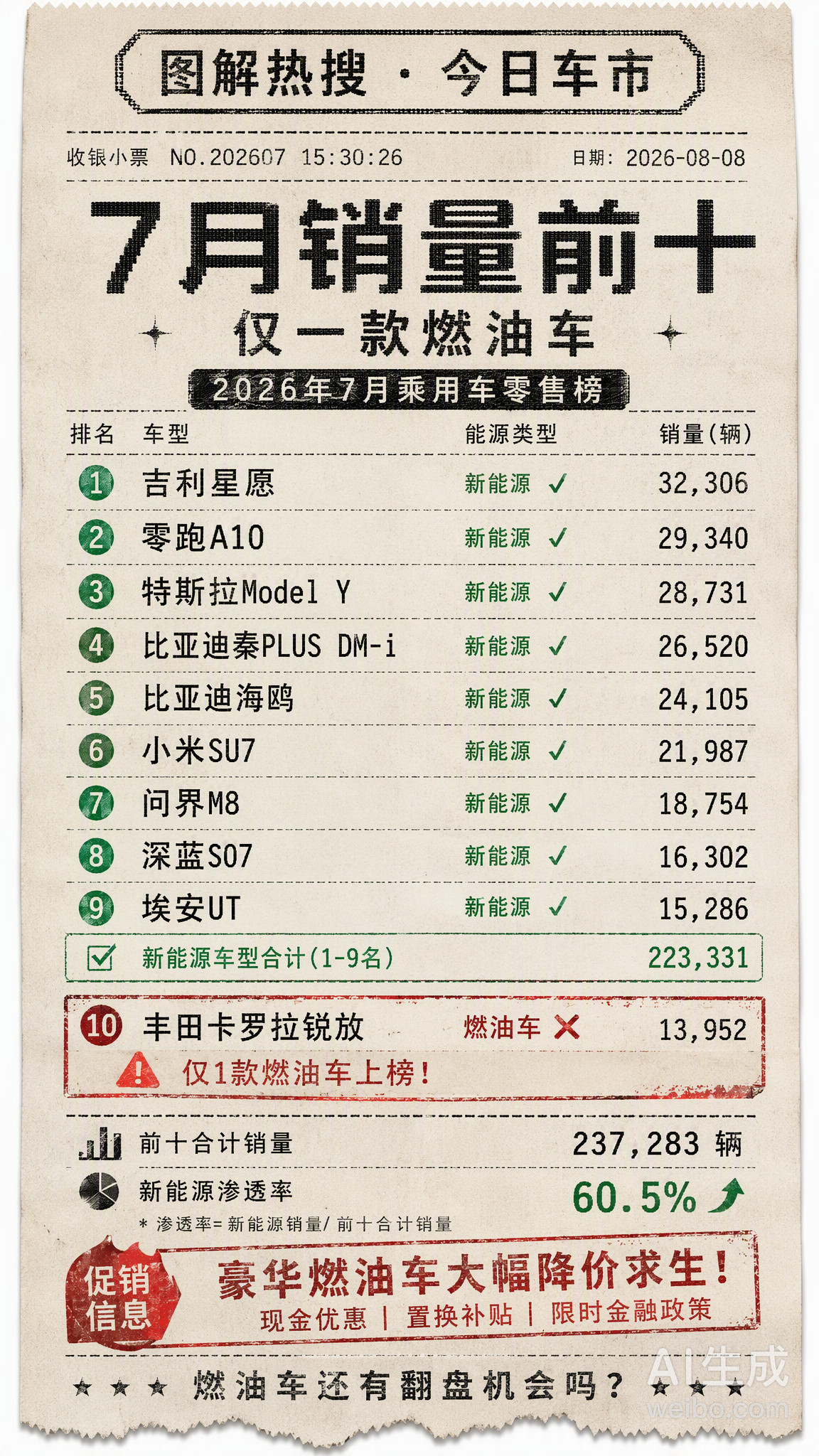 懂车帝最新数据显示，2026年7月乘用车零售销量前十榜单出炉，结果挺震...
