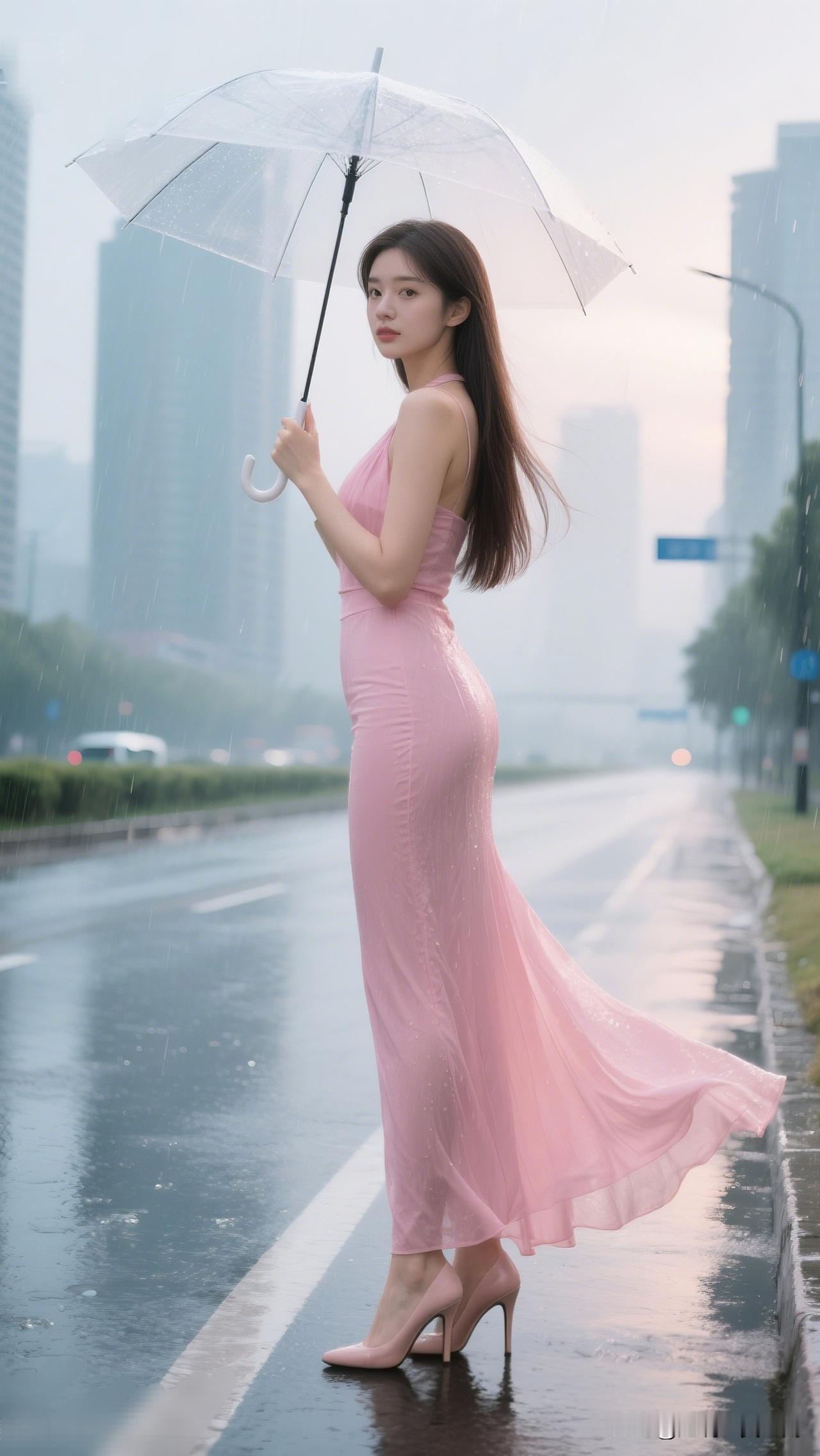 雨中漫步，伞下美人。记录生活，随手拍张照雨中漫步，粉色长裙与高跟鞋的优雅碰撞，