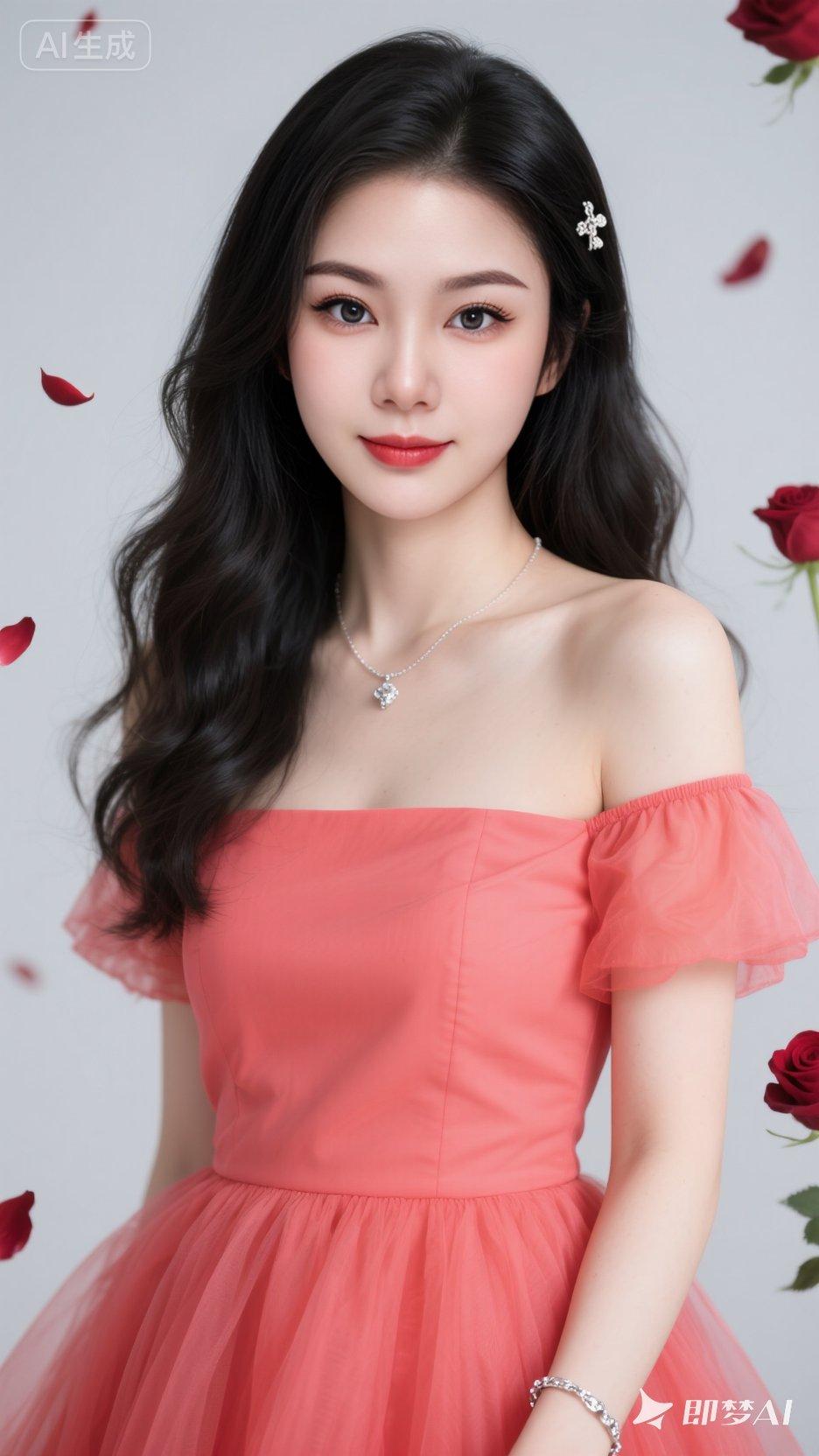 黑色长卷发，发间点缀精致小发饰，穿着露肩西瓜红色蓬蓬裙，裙身简约大方