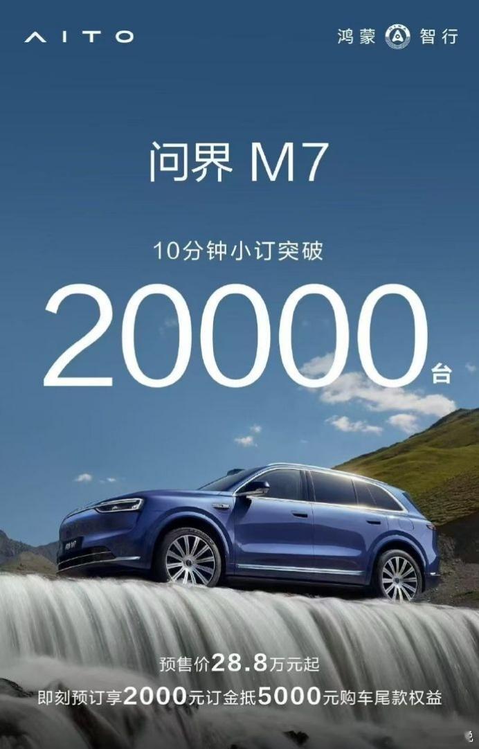 全新问界M7全新问界M7上线了，预售价28.8万起，最高38.8万元，现在问界