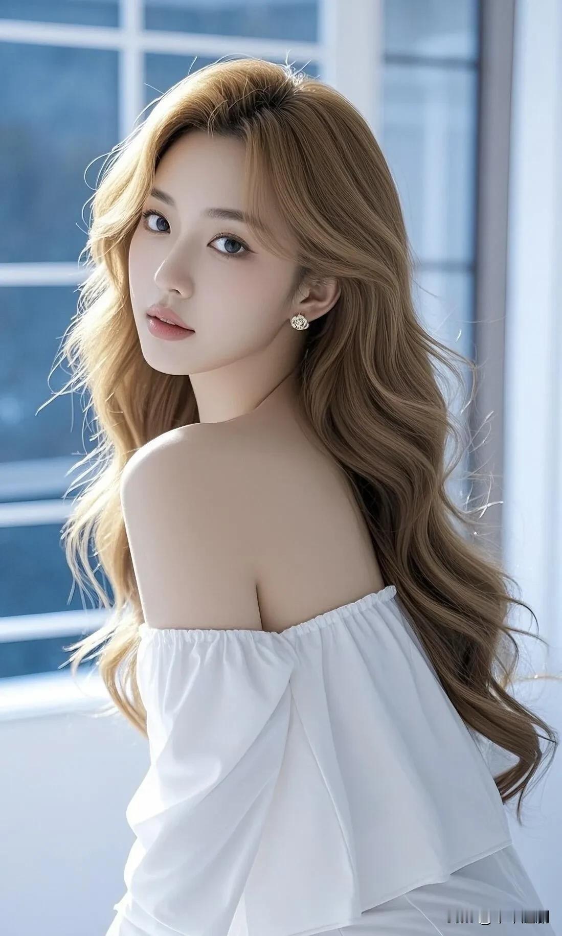 白纱露肩裙衬出清冷温柔，浅金卷发揉碎了窗边的光，氛围感拉满✨白裙少女感温柔气