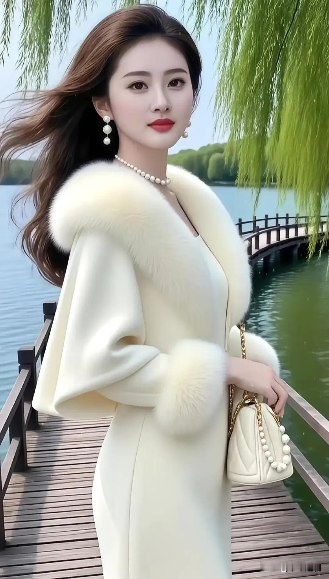 爱拍照的女生到底有多迷人呢?湖岸柳风摇，白裘凝温婉，一顾皆成画湖边白裙美人