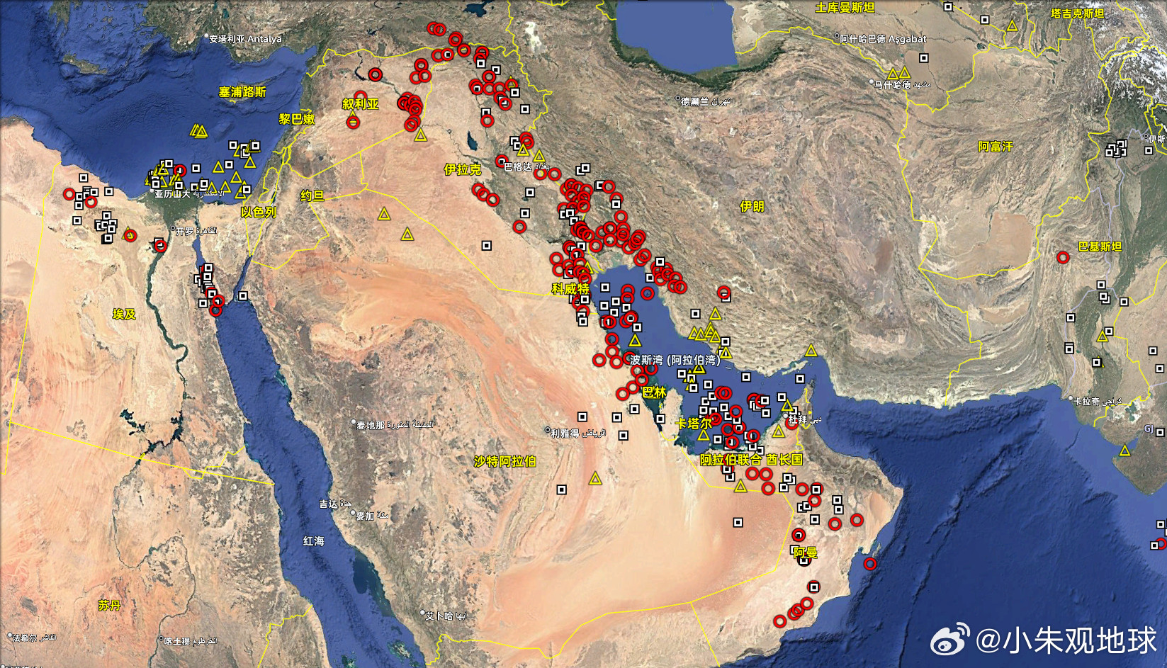 波斯湾周边油气资源分布，黄三角汽井，红圈是油井、黑方框是油气井8个主要产油国宣