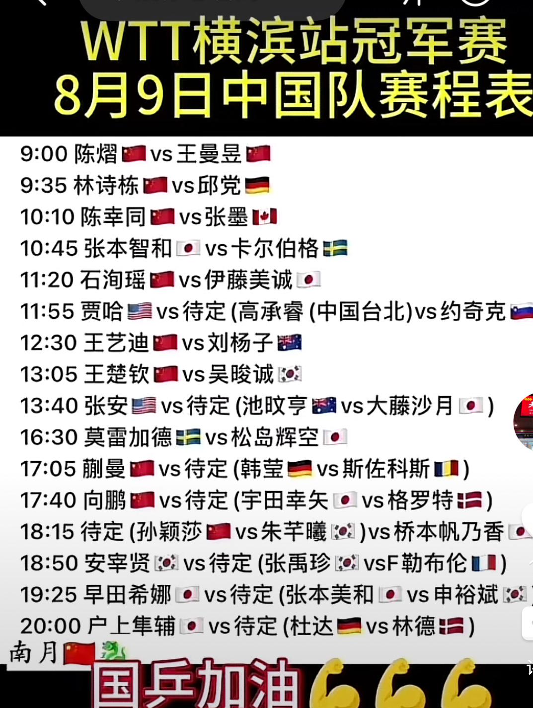 WTT横滨站冠军赛8月9日中国队赛程，我最关注的比赛有两场：上午9:00