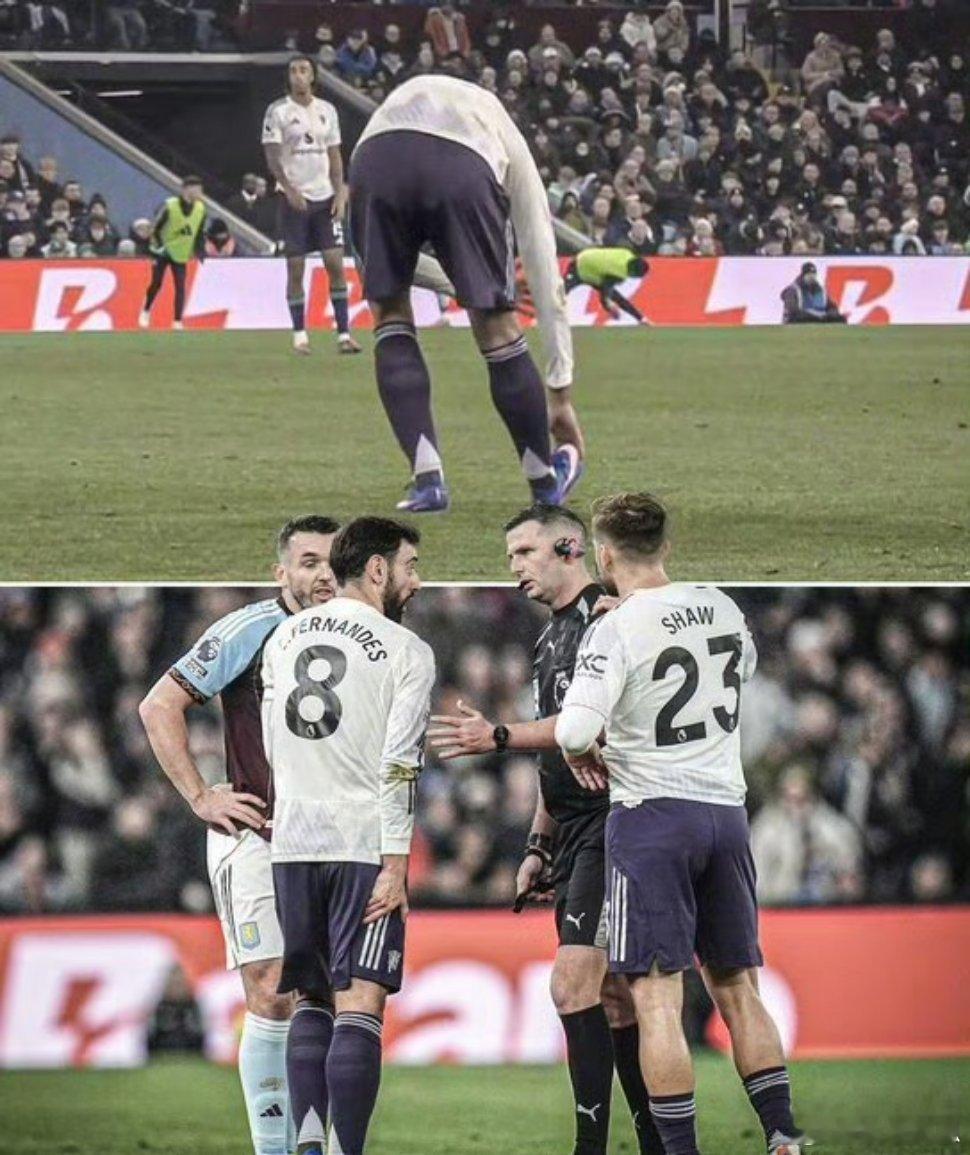 【铁人伤了】曼联中场布鲁诺-费尔南德斯在对阿斯顿维拉的比赛中半场伤退，主教练阿莫