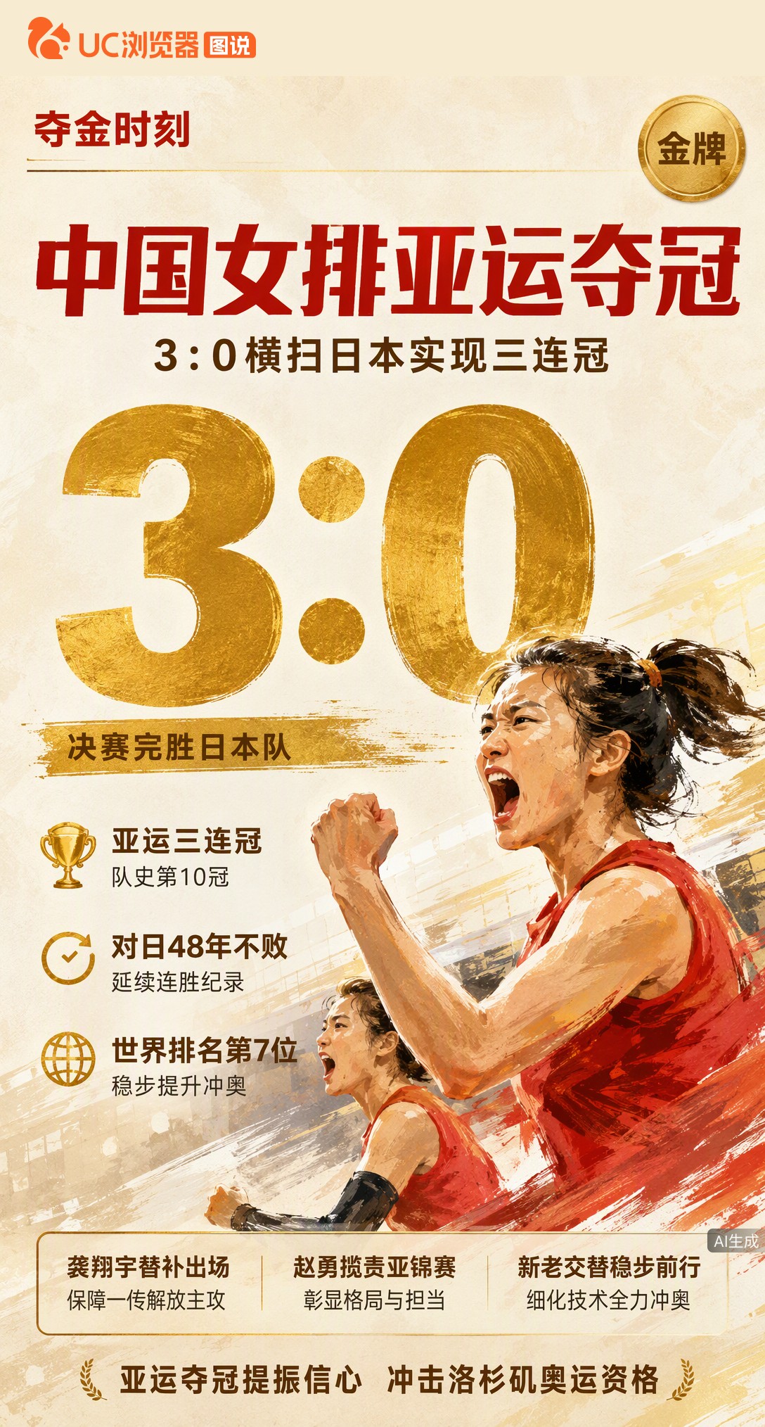 3-0横扫日本！中国女排亚运三连冠，队史第10金到手。龚翔宇替补稳一传解放主攻，对日连胜纪录延续到4
