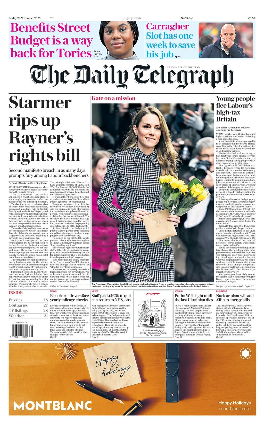 《每日电讯报》头版报道称，英国年轻人逃离工党治下的高税收英国。