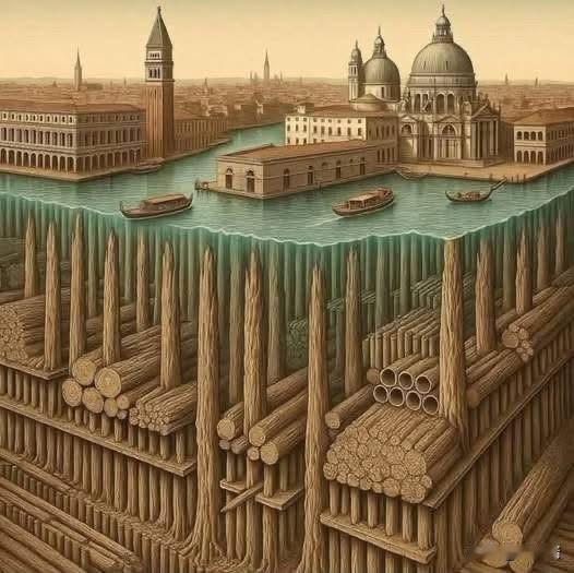 意大利威尼斯并非建在坚实的地面上……而是建在沉入海底的数百万棵树木之上。自公