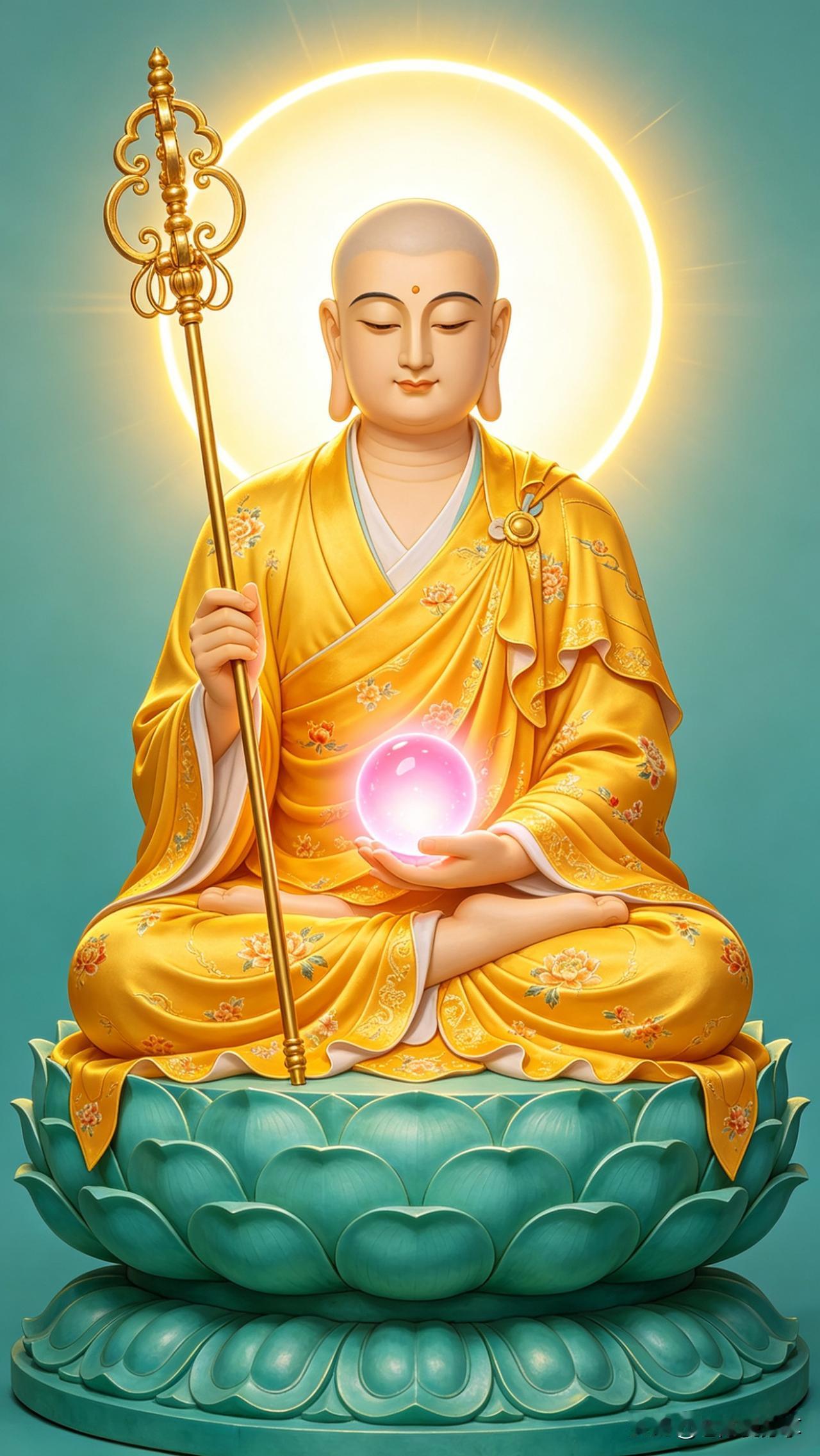 哨遍·地藏金身莲台生碧色，金光映法相。宝杖挑开地狱门，明珠照彻大千光。袈裟黄