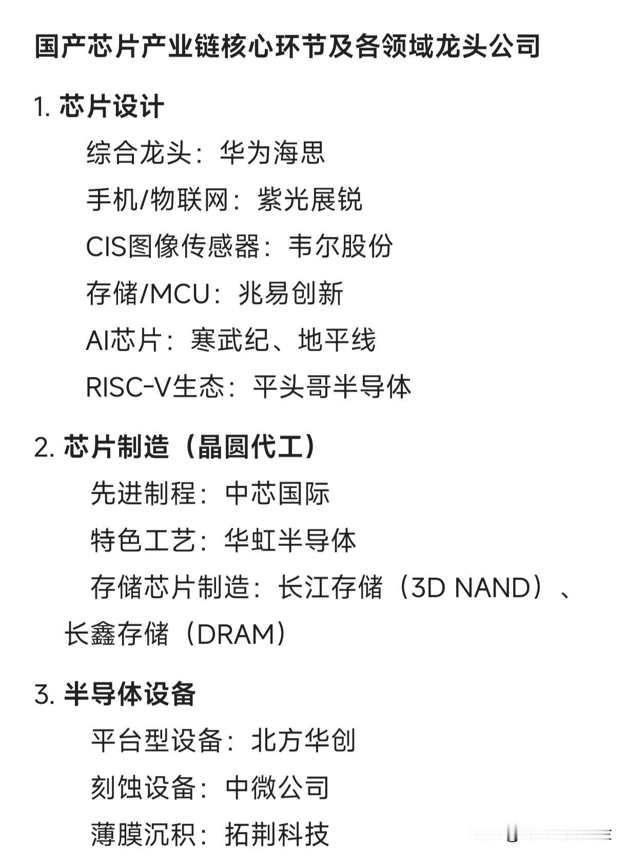 国产芯片产业链核心环节及各领域龙头公司芯片设计　综合龙头：华为海思　手机