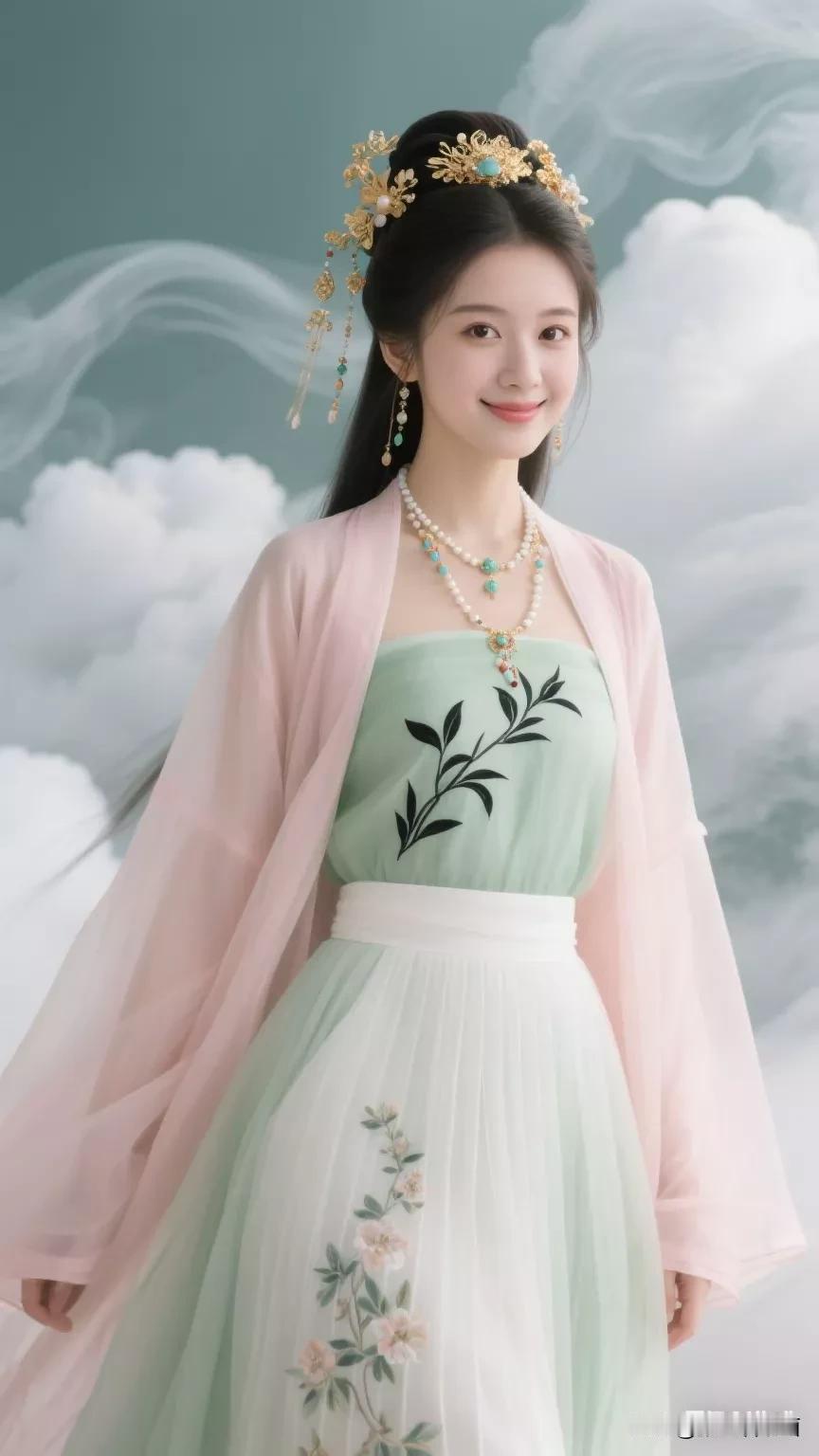 仙气飘飘的汉服少女，云雾缭绕间，宛如画中仙子。张立启原创书画AI作品古仕女发髻集