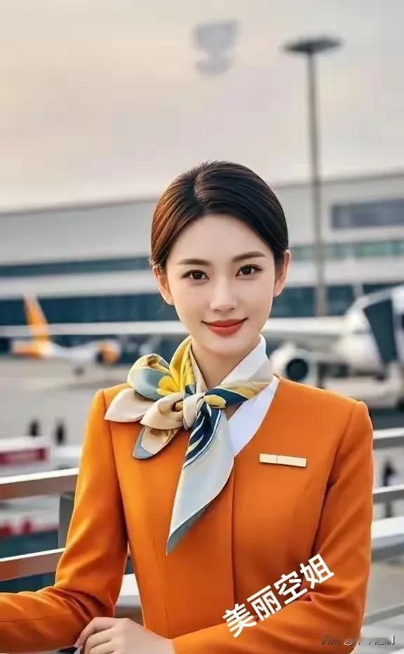 机场的喧嚣里，橙色制服衬出干练，丝巾点缀着专业与优雅，她以微笑开启每一段云端旅程