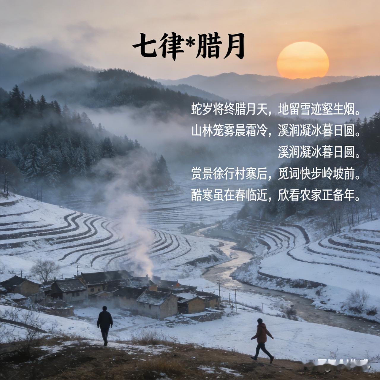 《七律*腊月》乐韵诗心原创诗词:蛇岁将终腊月天，地留雪迹壑生烟。山林笼雾晨
