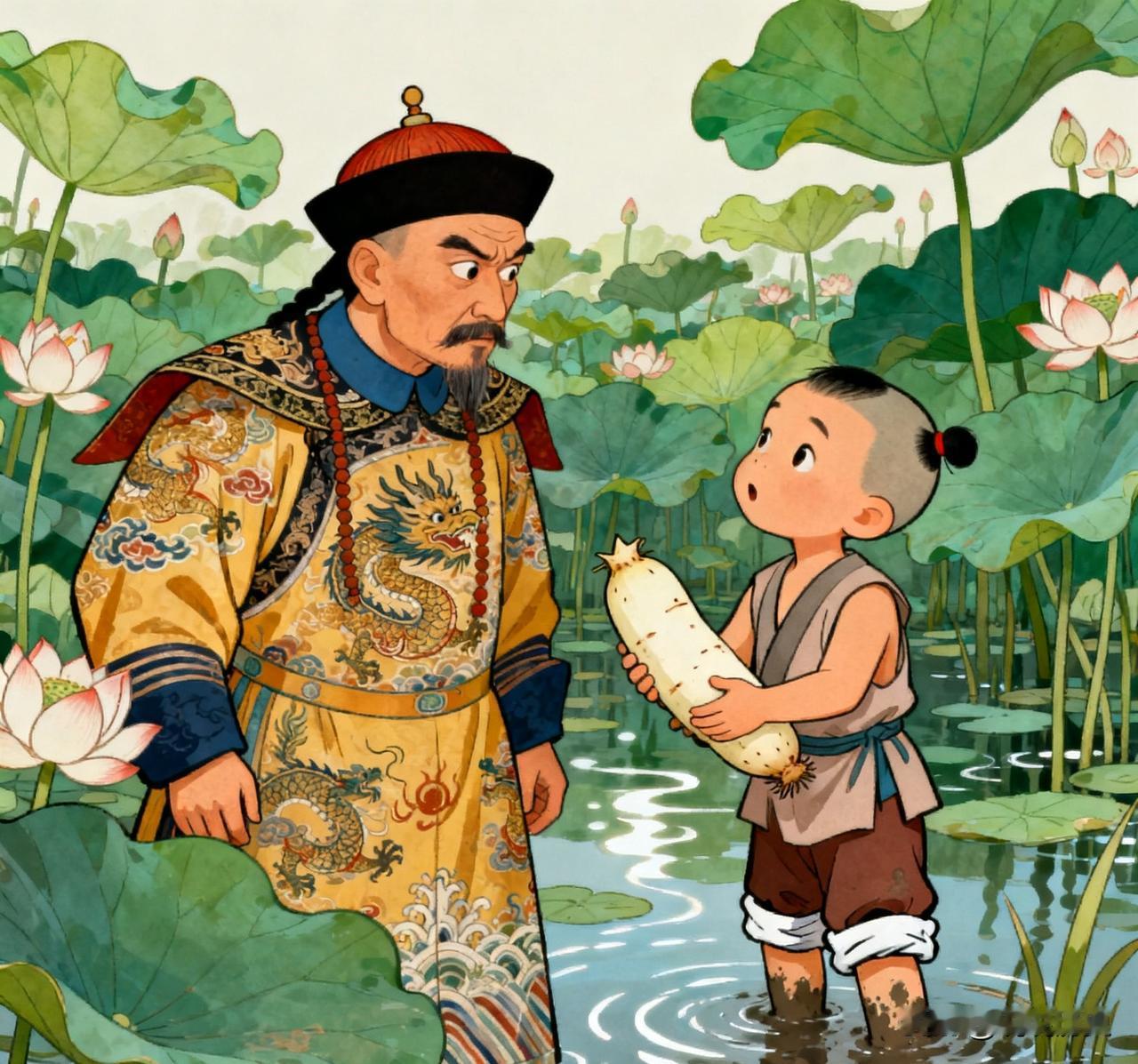 有一次，乾隆游玩途中遇到一个小牧童摘藕，就逗牧童说:“你能给我一根藕吗?”牧童说