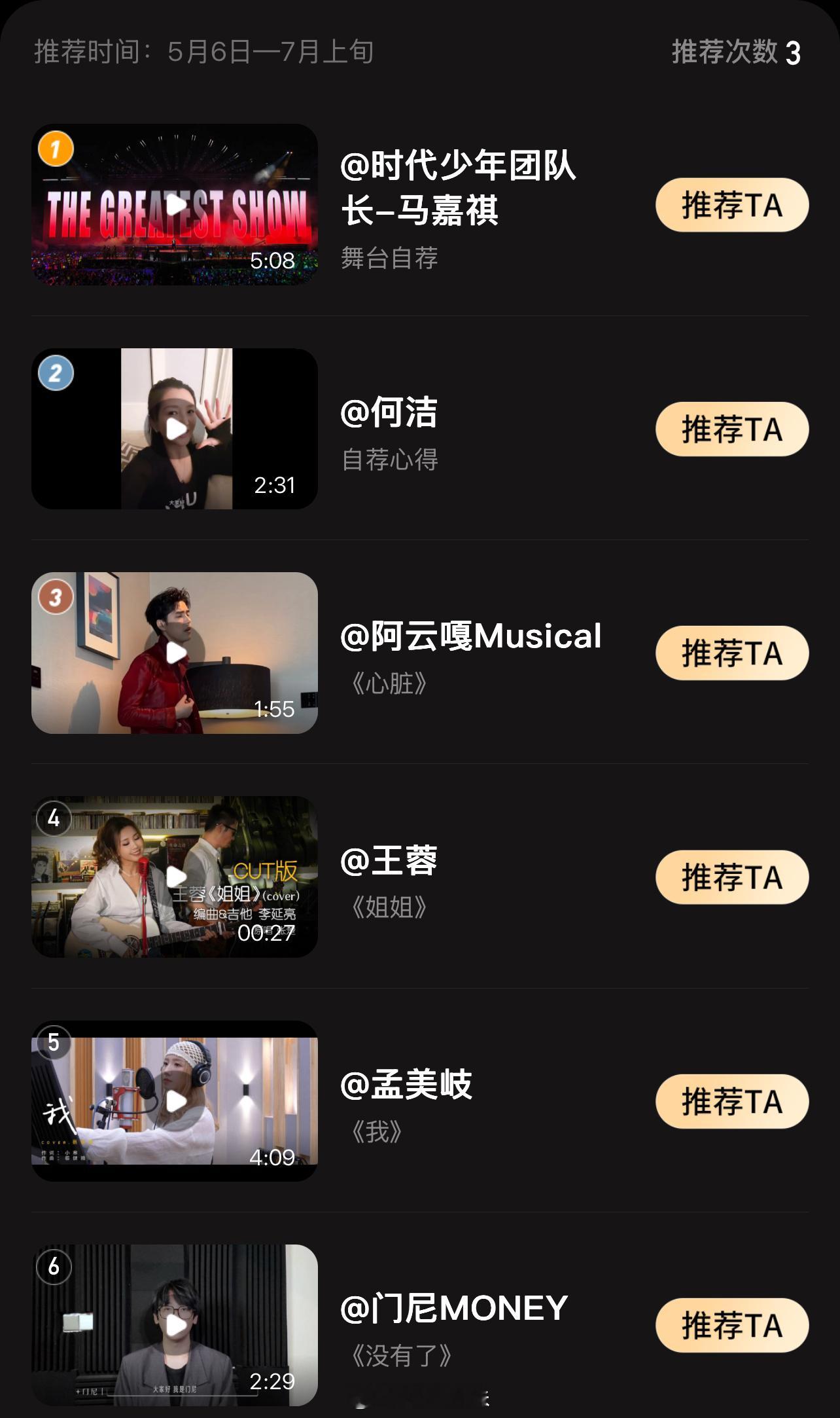 截至目前，马嘉祺、何洁、阿云嘎、王蓉、孟美岐、黄英、庄心妍、唐汉霄、早安、朱婧汐