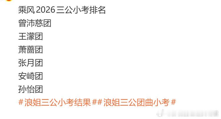 乘风2026三公小考排名乘风2026三公小考排名曾沛慈团王濛团萧蔷团张月团安崎