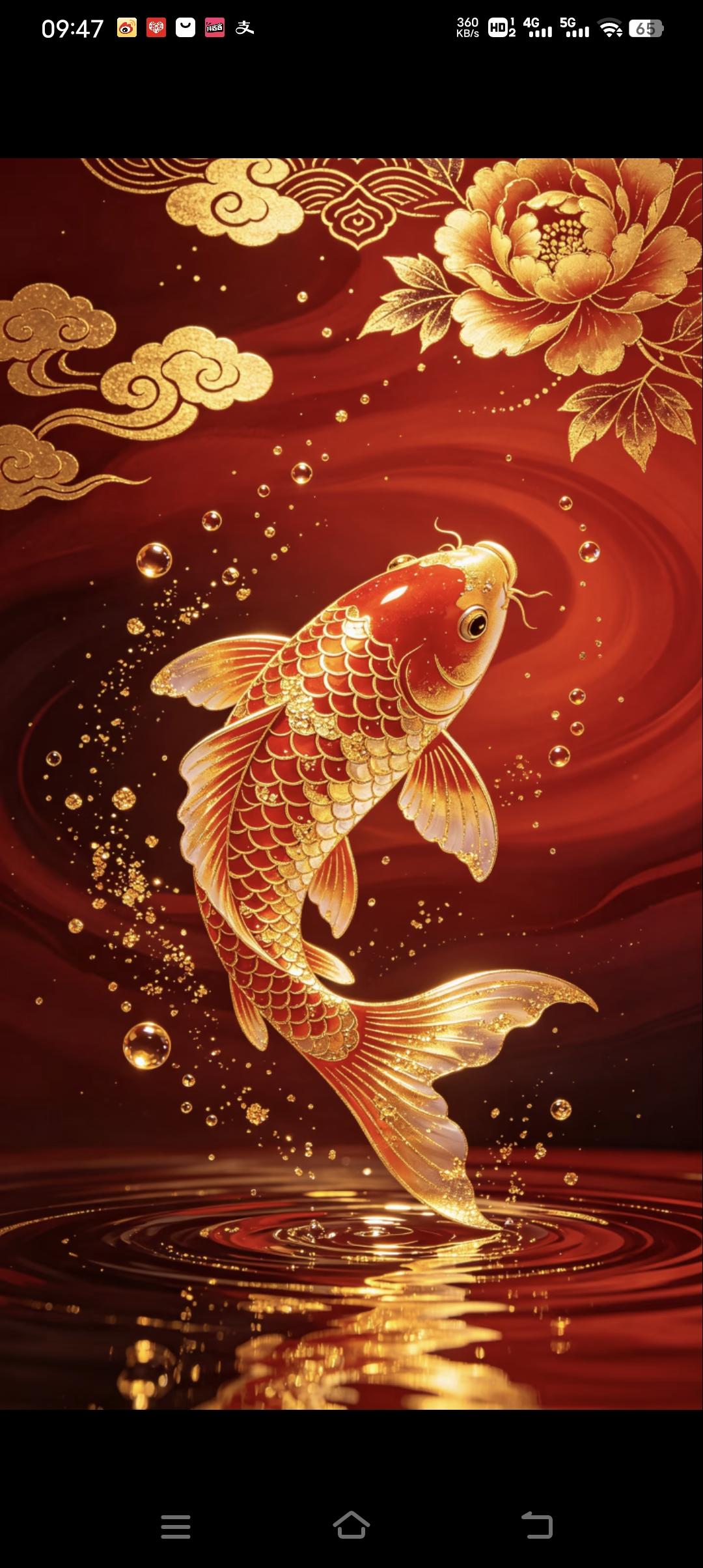 锦鲤跃起带财气，花开富贵好运来！顺风顺水顺财神，多福多财多平安