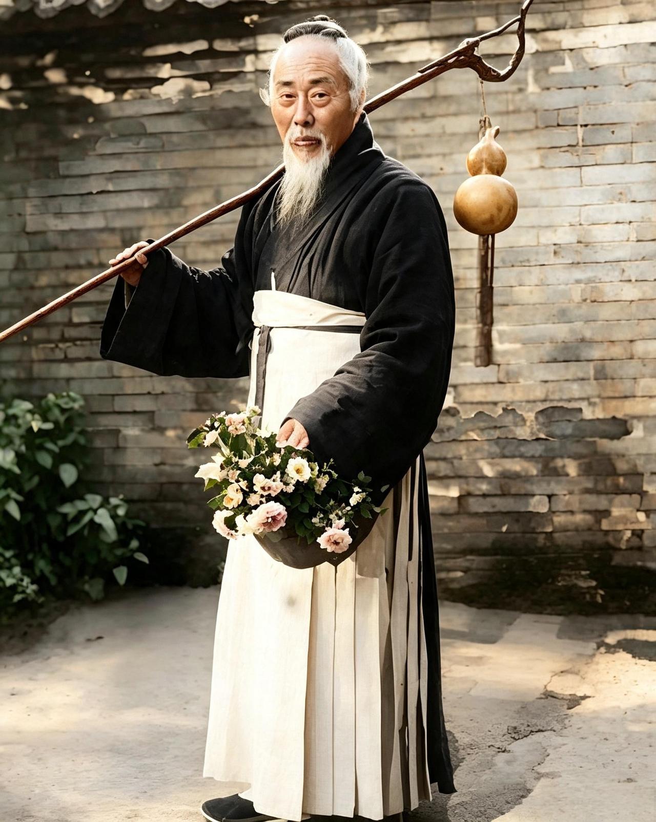 这位手提长柄药花篮，肩挑桃木葫芦的道长是近代关东全真道复兴第一人，龙门二十代传戒