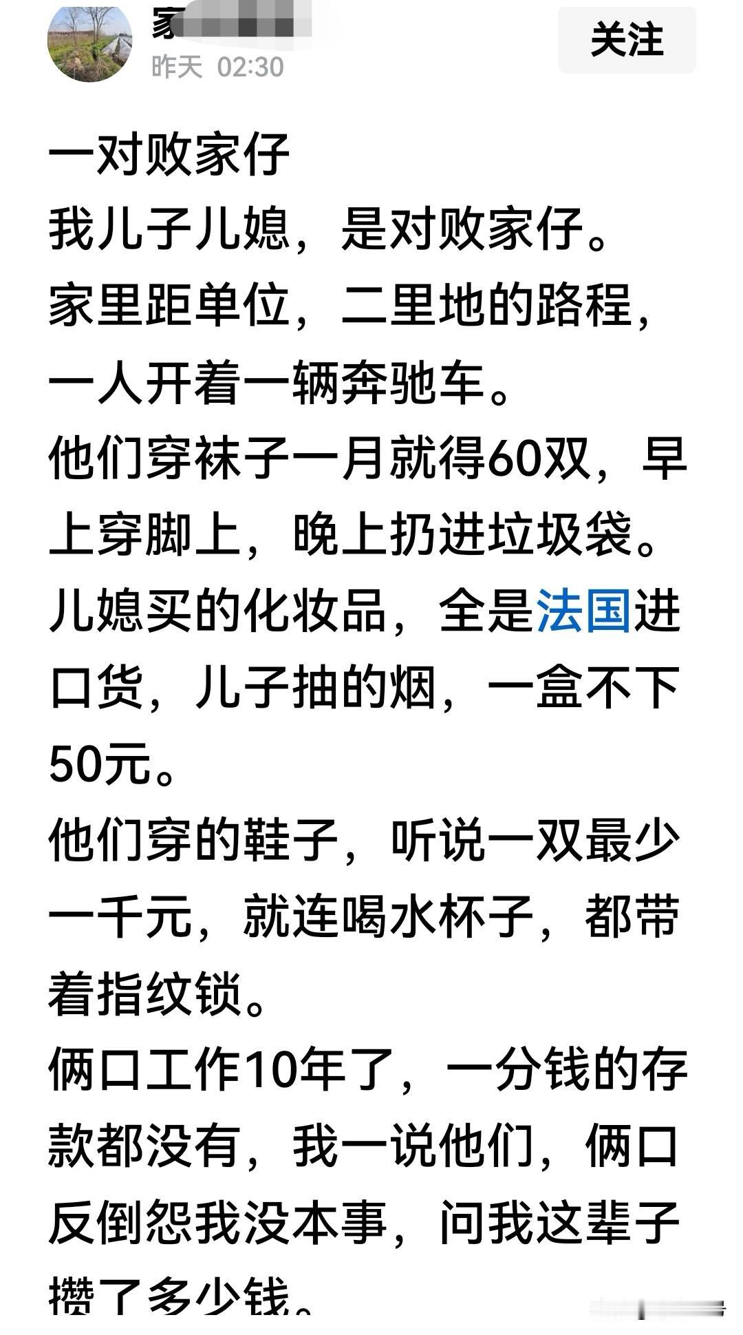 这人写他儿子儿媳，着实是俩败家子，不管他们赚多少，也不管是否可持续，这样的年轻人