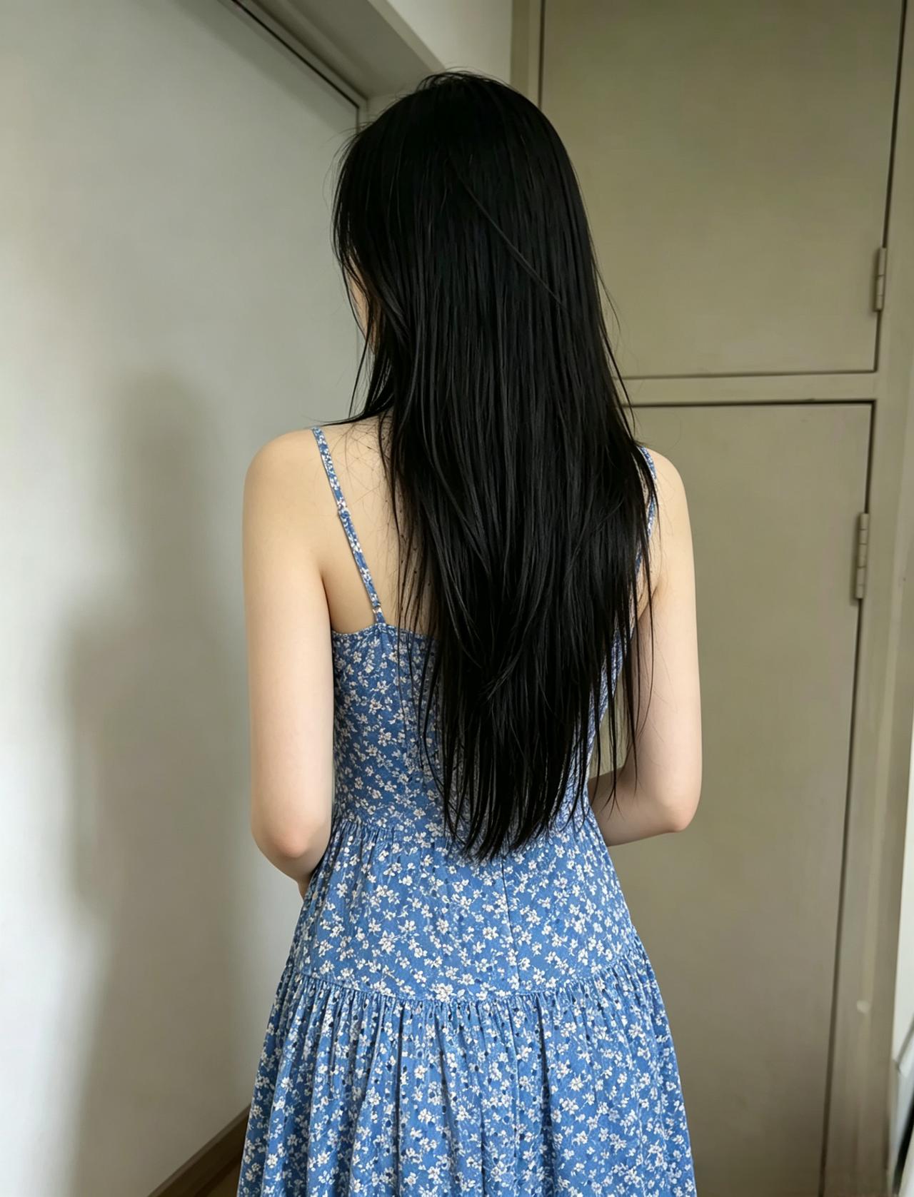 满裙蓝碎花轻轻，细带肩边衬婉婷。一缕乌丝垂若瀑，背影清灵画不成。