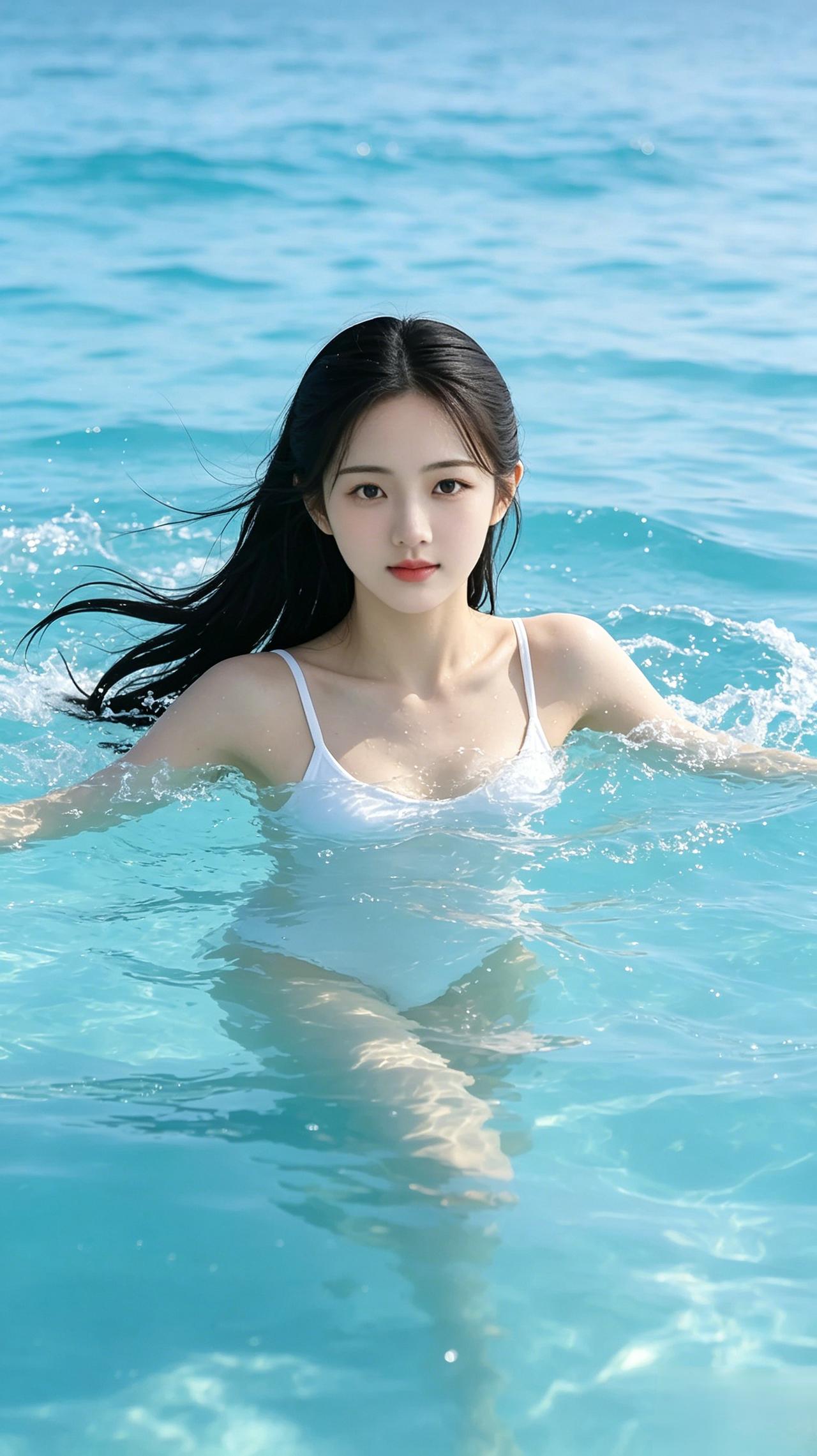 在海里游泳的美少女。