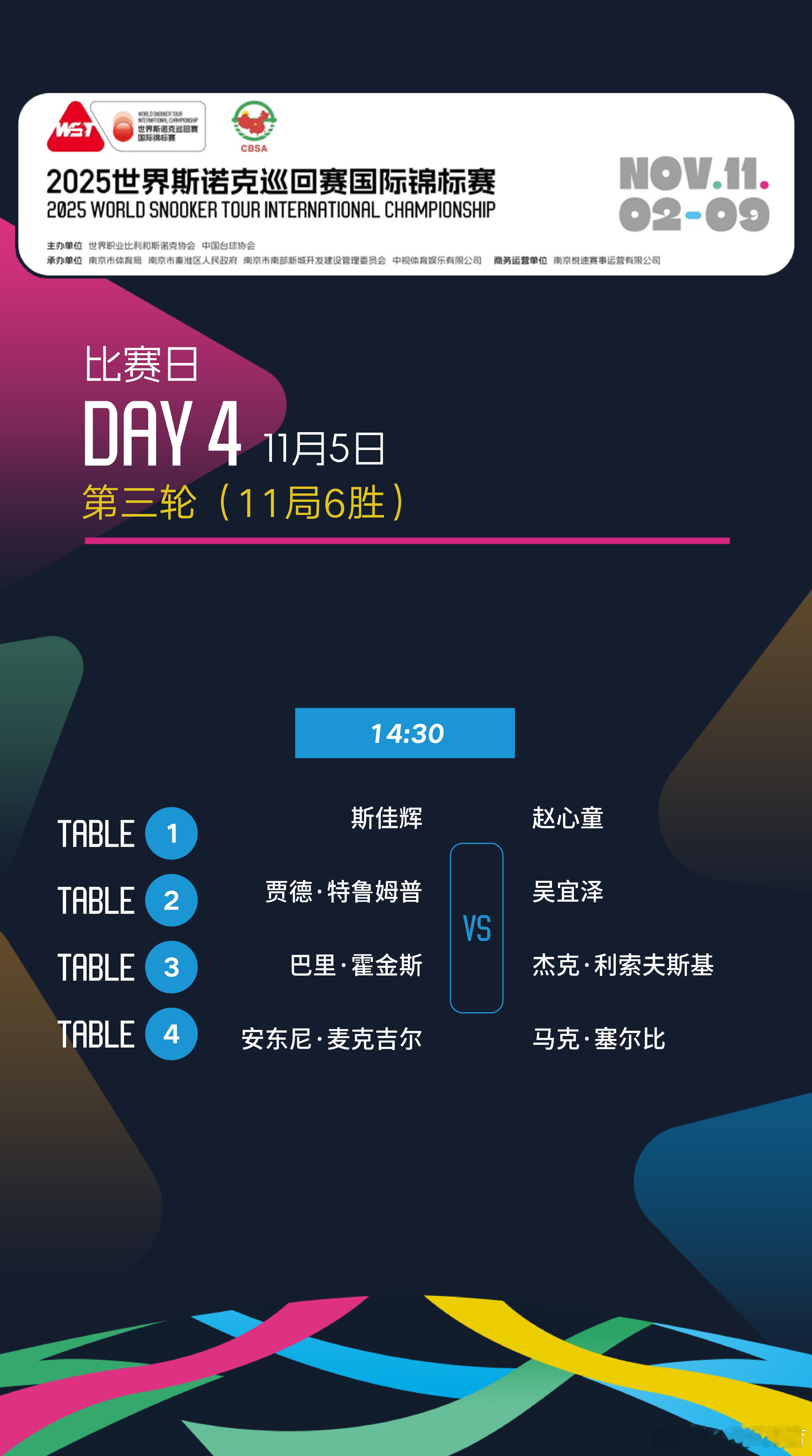 2025斯诺克国际锦标赛11月5日赛程:下午场斯佳辉对阵赵心童，晚场丁俊晖迎战