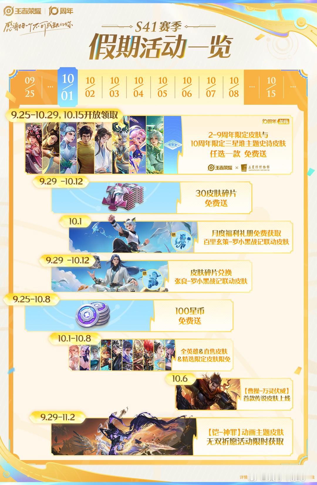 王者峡谷假期活动指南王者周年皮肤9选1-核心福利：9月25日-10月29日参与