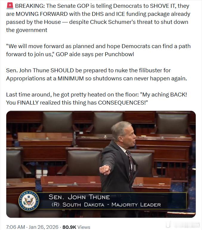 参议院共和党人直接对民左党人说他们将继续推进众议院已经通过的国土安全部和ICE