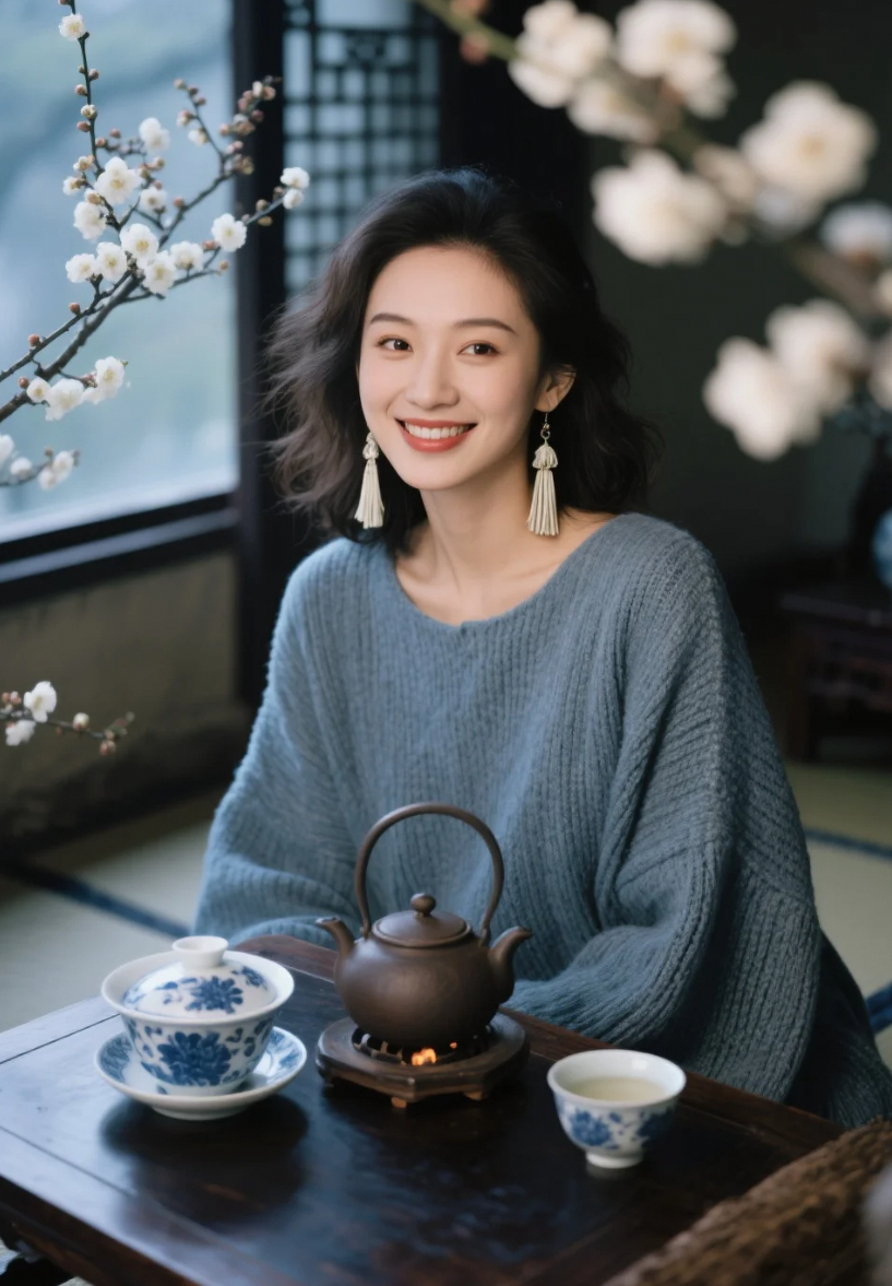 窗外梅花落，炉上茶烟起，她一笑，便是人间清欢