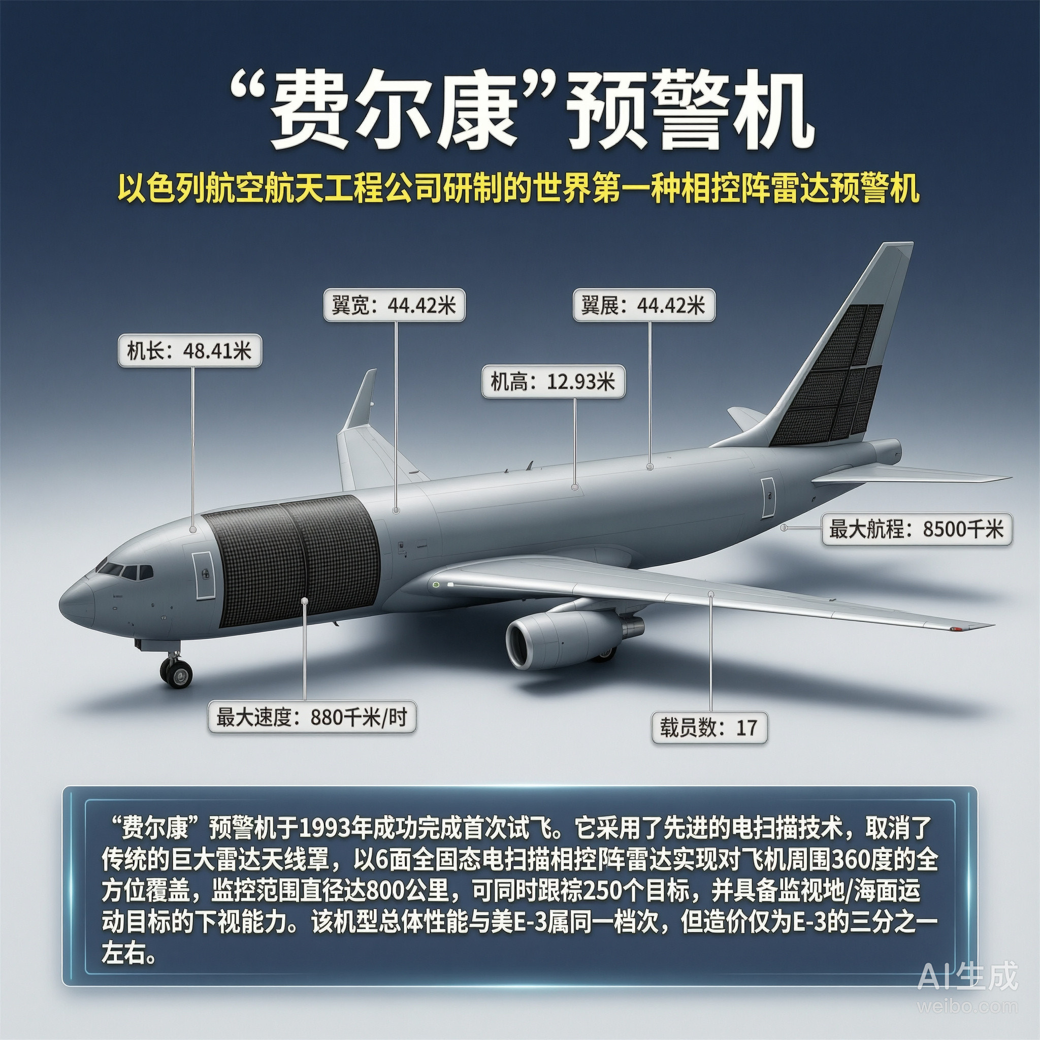 军事ai新视野“费尔康”预警机［以色列］机长：48.41米翼展：44.42米机