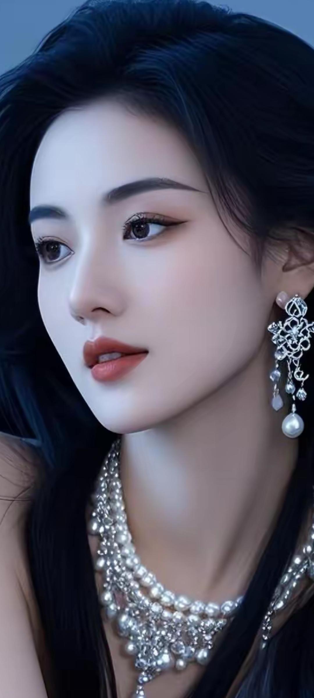 优雅黑发美人，闪耀珠宝配饰，尽显高贵气质。