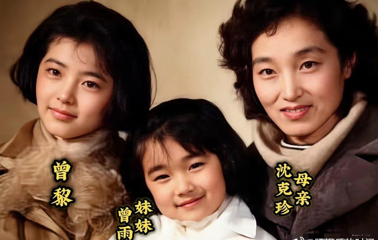 年幼时的曾黎和家人，在一起合影留念。妈妈的端庄、曾黎的清冷高级感、妹妹的软萌可