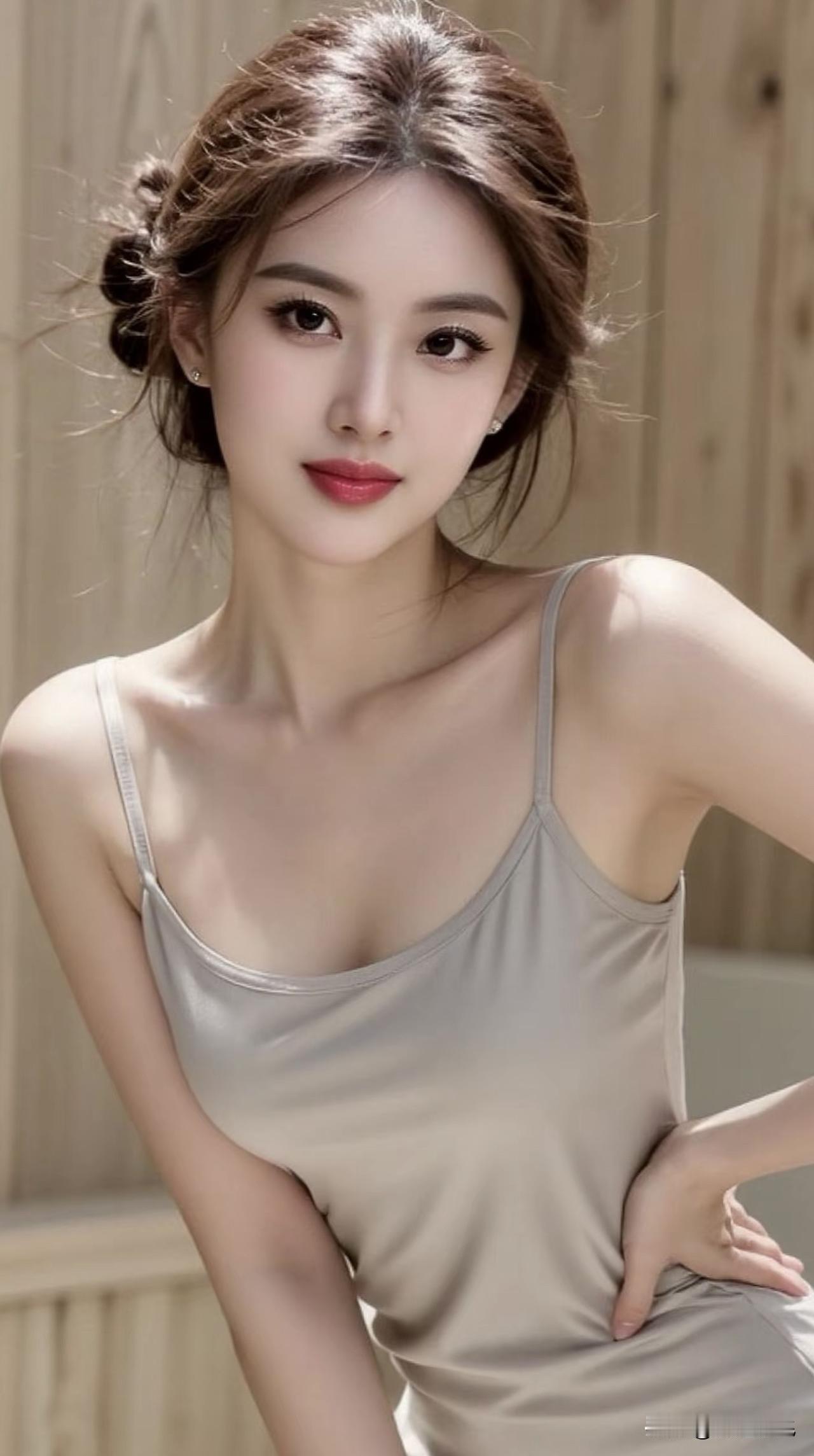 温柔甜美的少女，清新自然的妆容，简约的吊带裙，散发着青春的气息。温柔治愈款美女