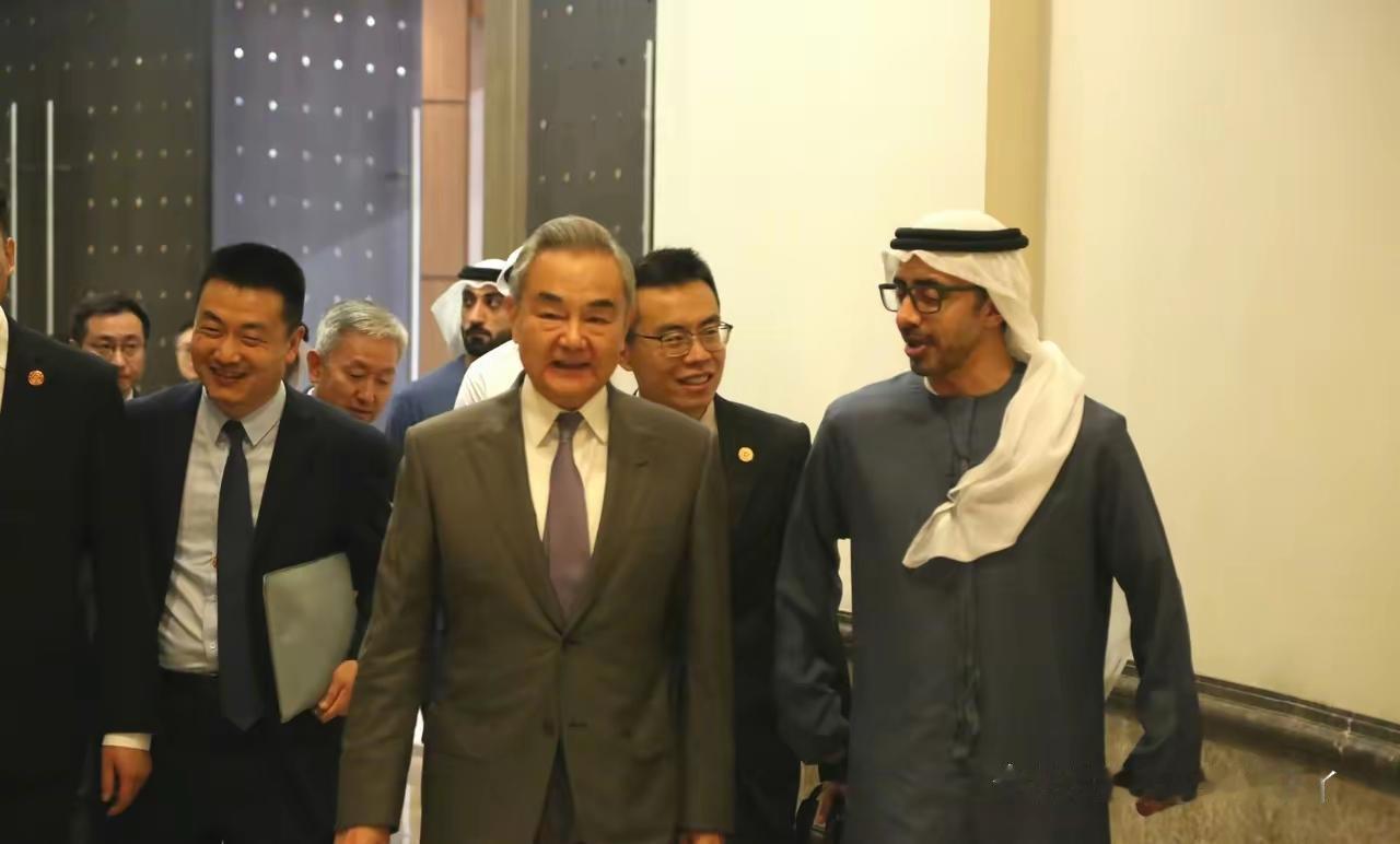 王毅外长和阿联酋副总理兼外长阿卜杜拉会谈时，阿卜杜拉的笑容简直藏不住，主打一个“